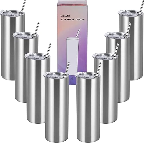 Vaso recto aislado de acero inoxidable de 30 onzas, paquete de 8 con tapa y pajita, taza delgada para agua para bricolaje, color plateado