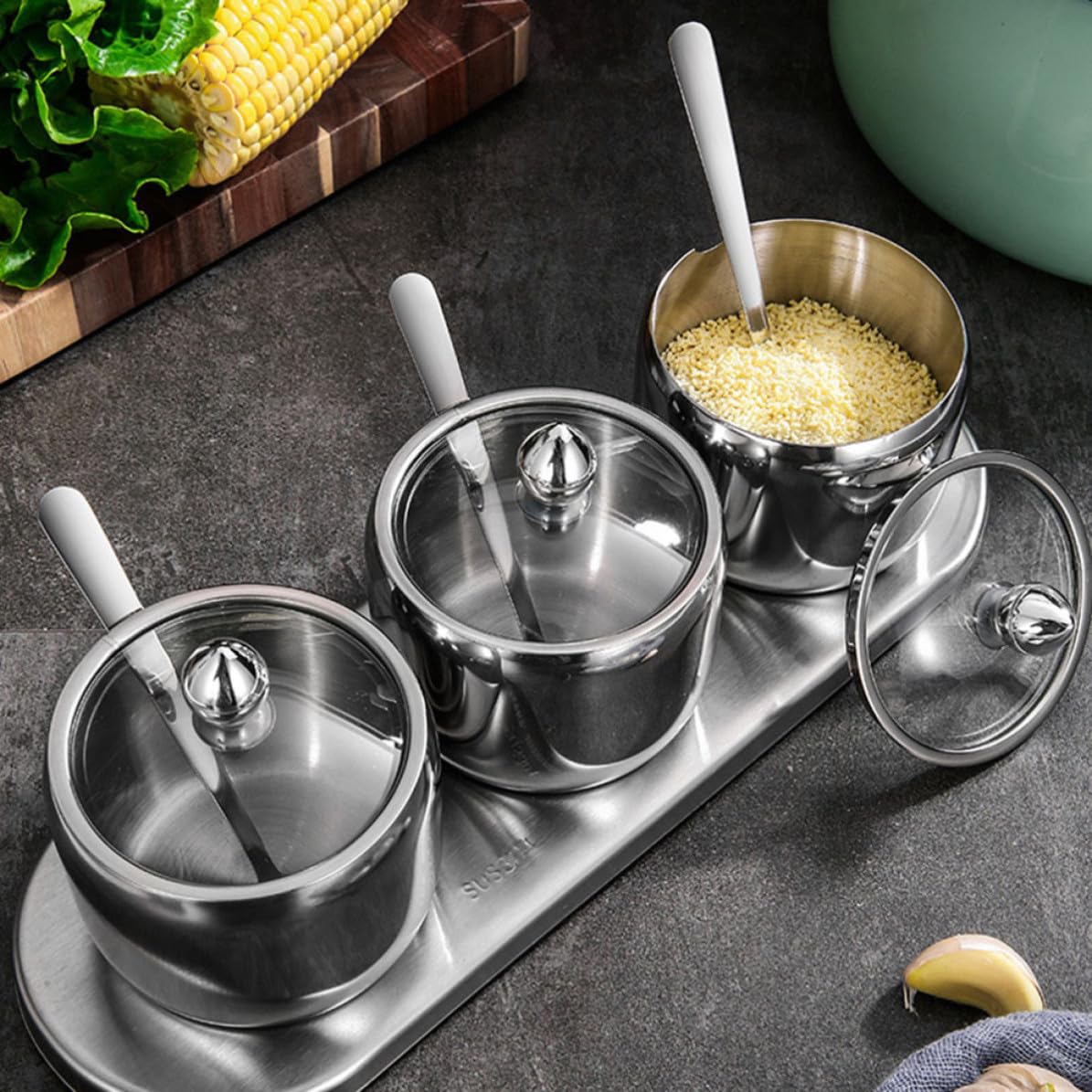 Barattoli per Spezie in Acciaio Inox 304 con Base, Contenitori Condimenti Multifunzionali e Alimentari, Design Moderno Argento per Buffet e Tea Party
