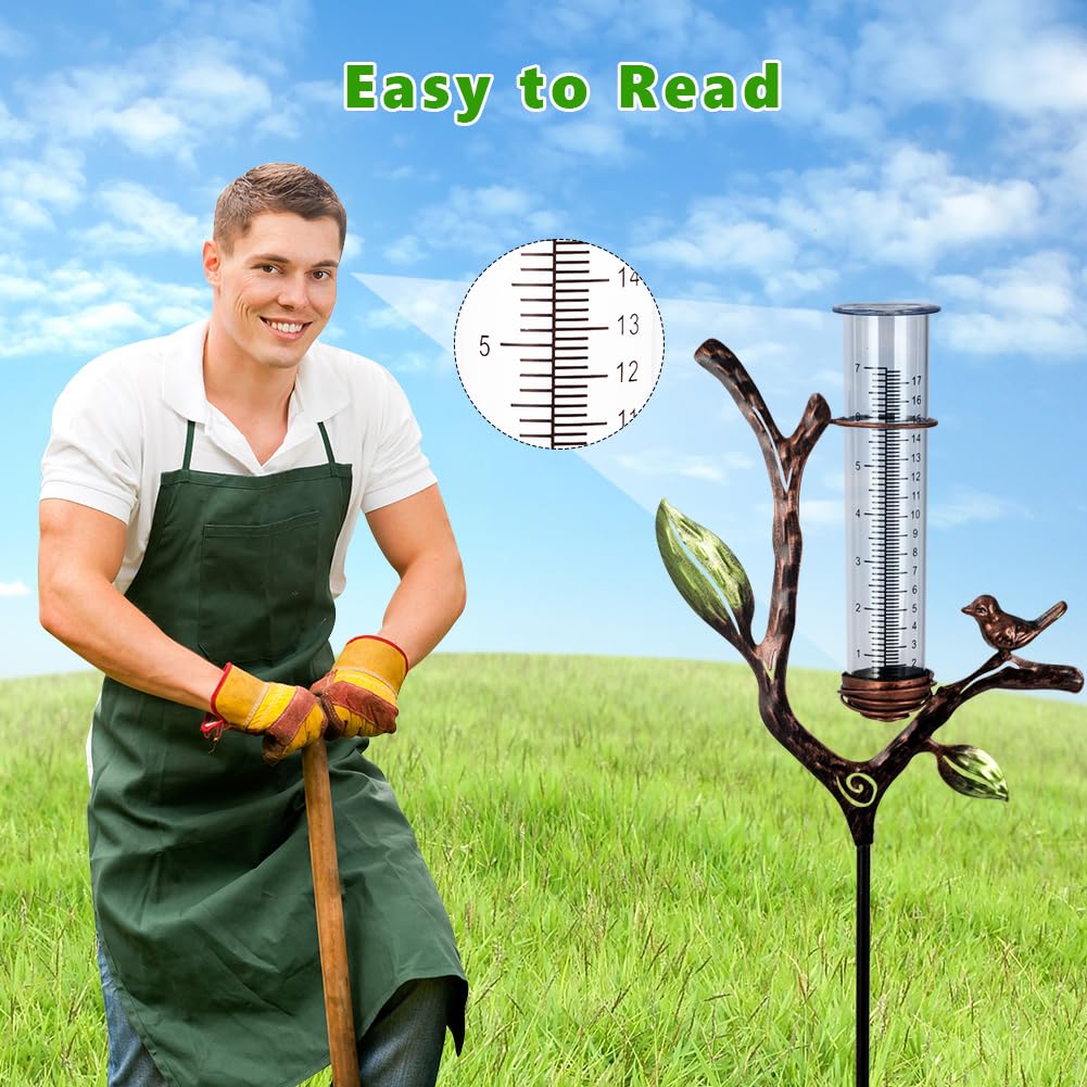 Regenmesser Outdoor Metall Regenmesser mit Pfahl | 17,8 cm Rohr-Regenmessgerät, dekoratives Zweig-Regenmesswerkzeug für Garten, Rasen, Terrasse