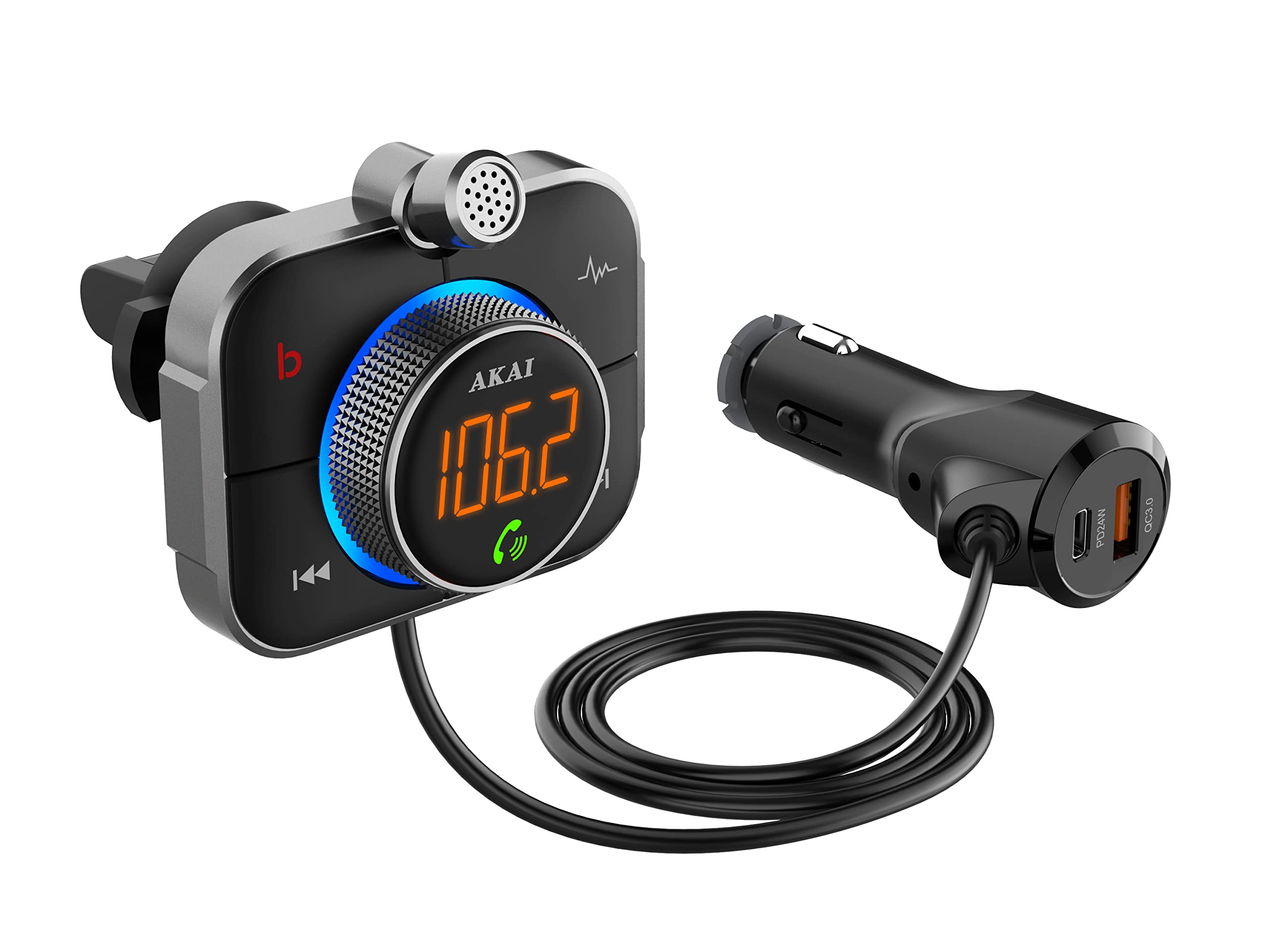 AKAI Trasmettitore Bluetooth 5.0 per auto, spina separata e parte di comando per presa d'aria, compatibile con QuickCharge e PD