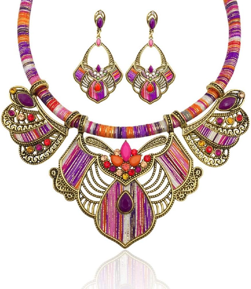 YAZILIND Chunky Necklace Earrings Women’s Bohemian Chain Tribal Jewelry Set Handmade Geometric Charm Bib Choker Necklaces