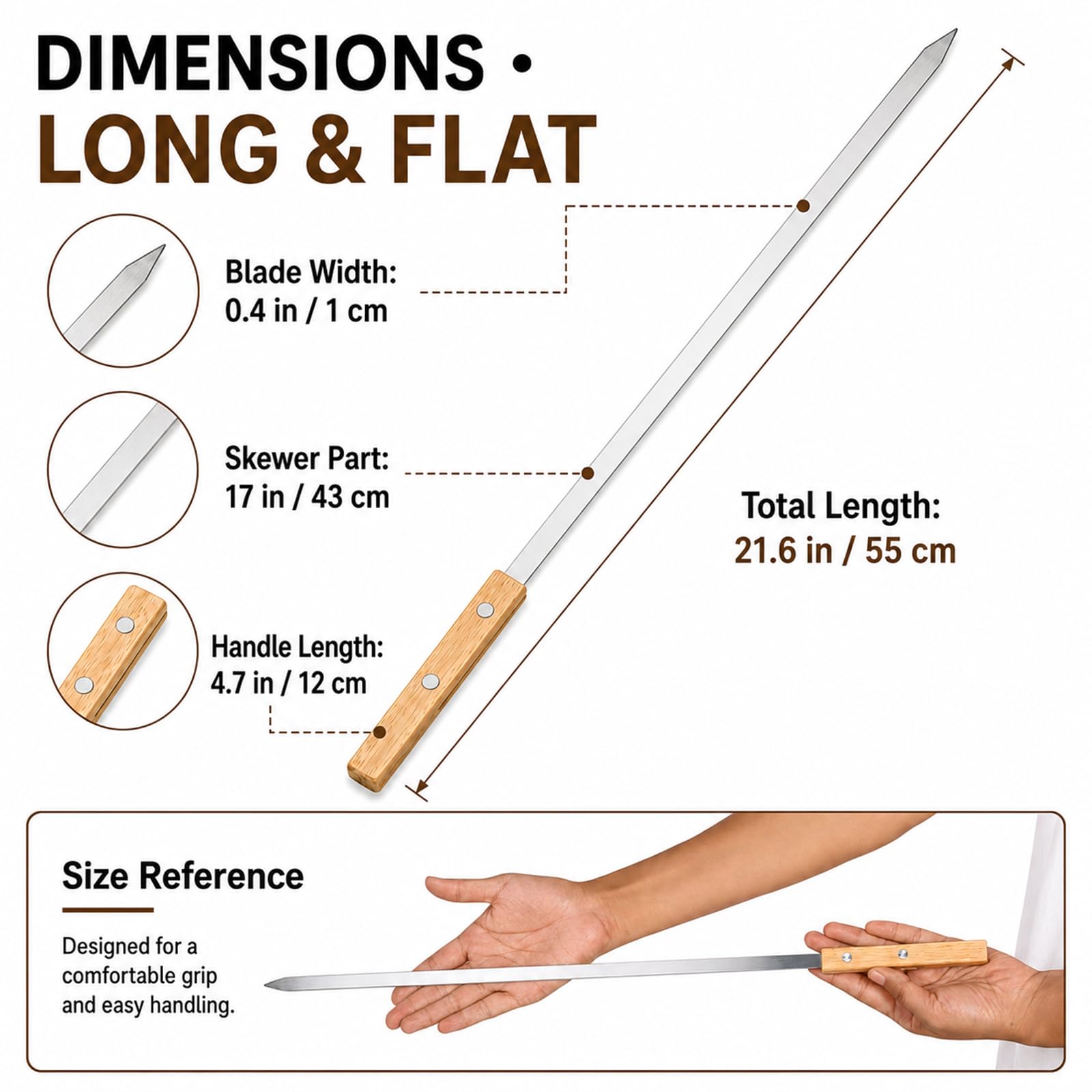 IMEEA Paquete de 8 brochetas planas para barbacoa de 55 cm, de acero inoxidable, 1 cm de ancho, con mango de madera, pincho de metal