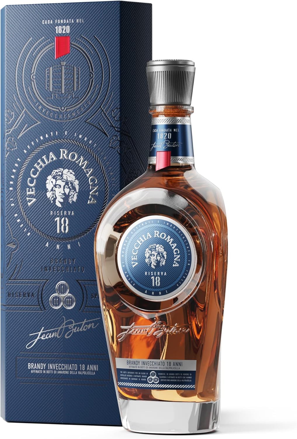Vecchia Romagna Riserva 18 extraordinarily sophisticated blend of aged spirits, refined in barrels used to age Amarone della Valpolicella. 70 cl bottle. 43,8% ABV.