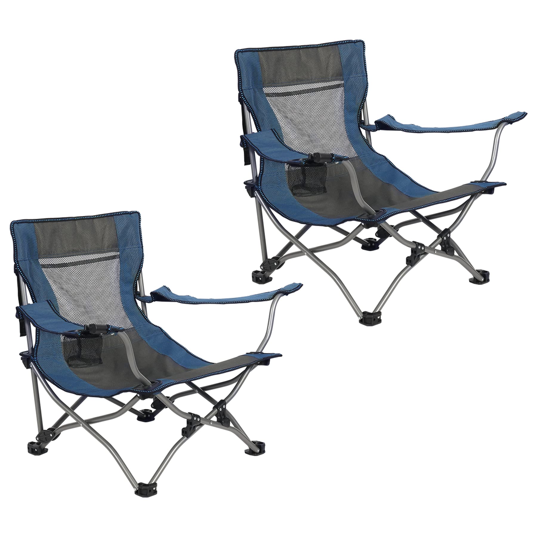 REDCAMP Low Beach Chairs with Adjustable Backrest and Cup Holder, Portable Camping Chairs with Adjustable Armrest, Low Lawn Chairs for Outdoor BBQ, Travel, Picnic, Navy 2 Pack