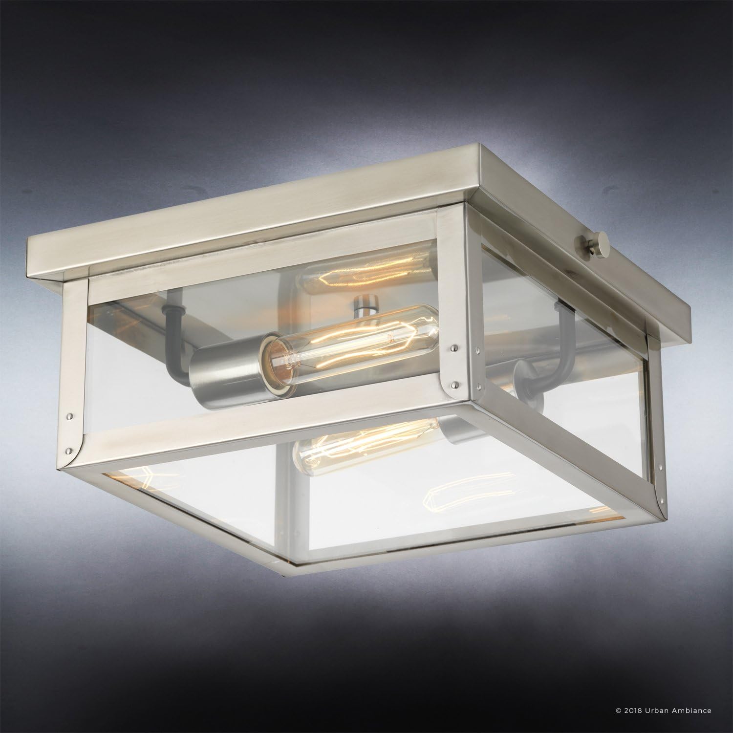 Urban Ambiance Luxury Modern Farmhouse Outdoor Ceiling, Small Size: 5.5" H x 12.375" W, with Nautical Style Elements, Stainless Steel Finish and Clear Flat Shade, UHP1133, Darwin Collection