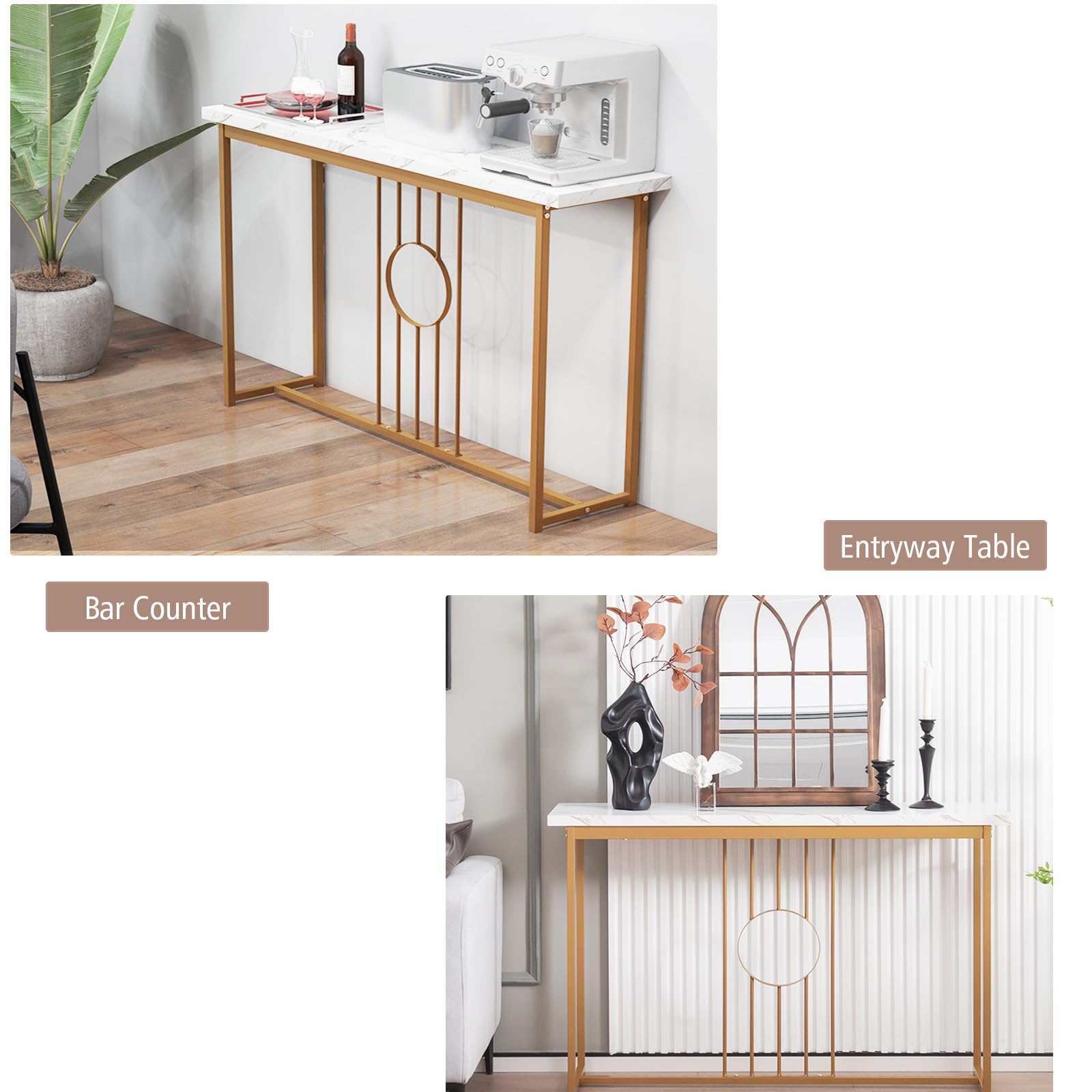 LIFEZEAL Table Console en Marbre, Meuble Entrée, Table d'Appoint Étroite avec Structure en Métal, Style Moderne, pour Entrée, Couloir, Salon, 120 x 30 x 80,5 cm, Blanc et Doré