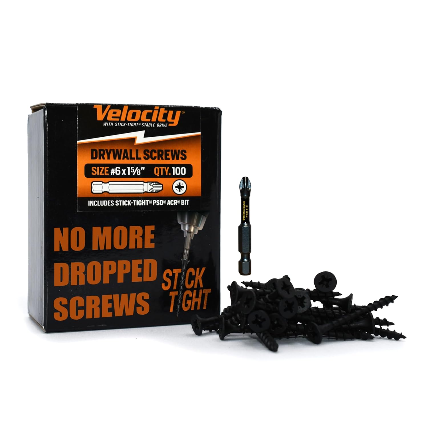 Velocity 1 5/8 Drywall Screws (Size #6) – Black Phosphate Coated Screws for Drywall and Stick-Tight PSD ACR Drive Bit, (100 Pieces)