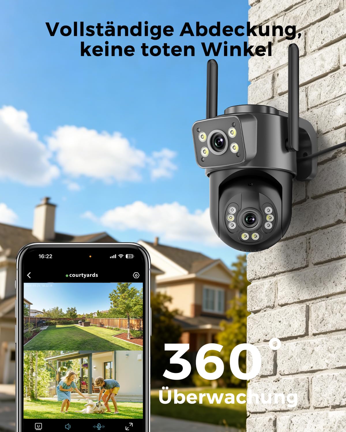 Reobiux 2K Überwachungskamera Aussen mit Doppelobjektiv, PTZ IP Kamera Überwachung Aussen, WLAN Kamera Outdoor mit Automatische Verfolgung, Farbiger Nachsicht, Zwei-Wege-Audio, 24/7 Aufnahme