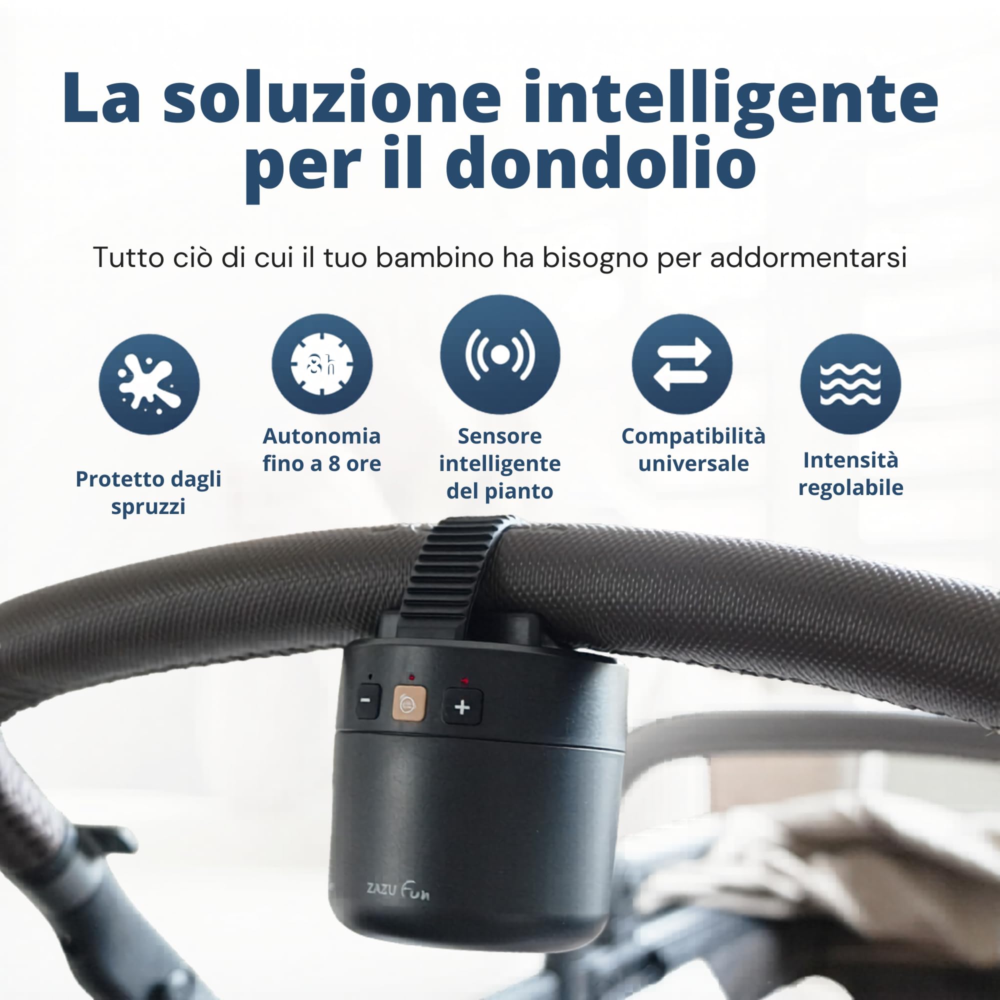 ZAZU ROXY Dondolo Elettrico per Passeggino – Movimento Automatico 40 Minuti, Sensore di Pianto, Intensità Regolabile, Portatile, Ricaricabile USB, Resistente agli Schizzi IPX1