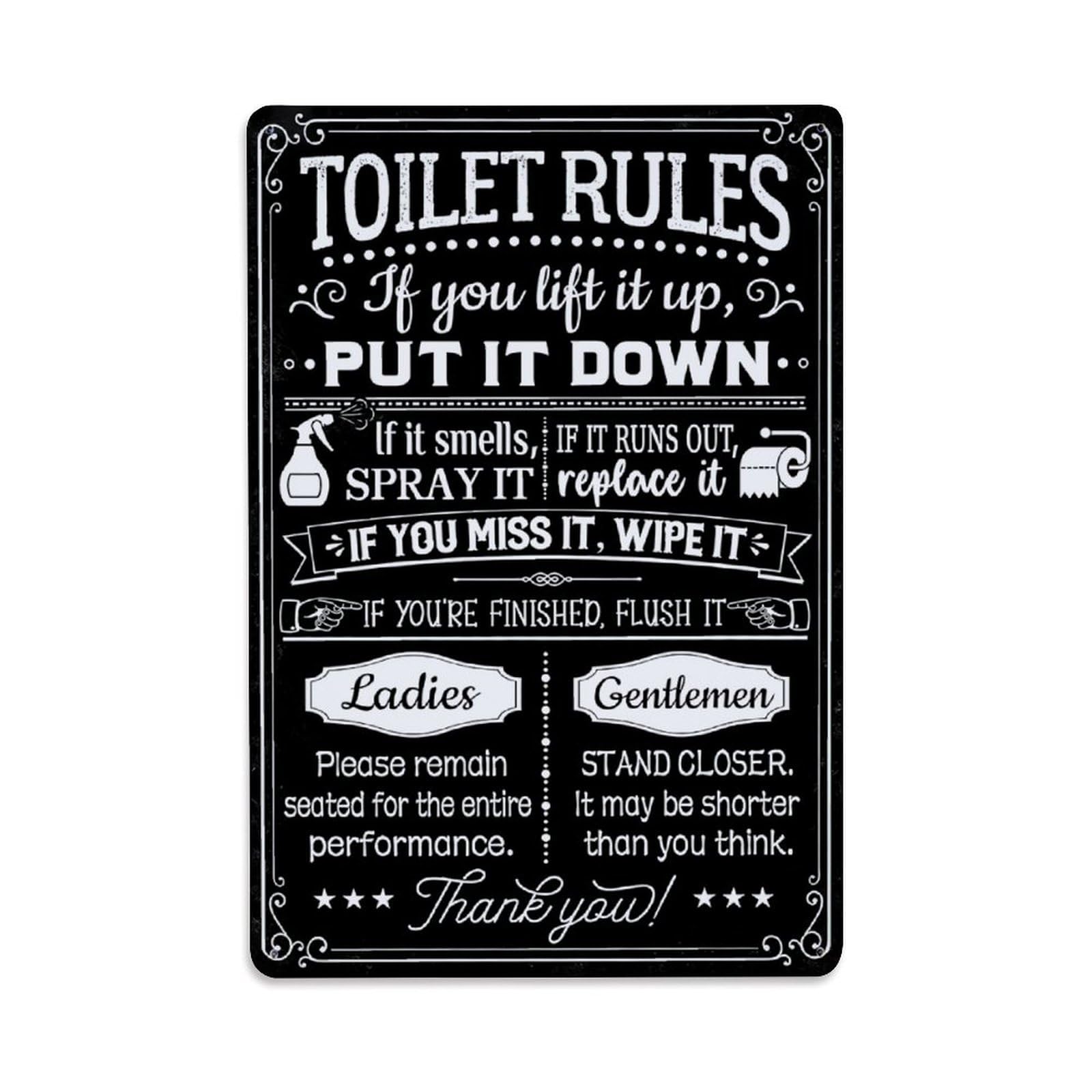 Funny Toilet Rules Blackboard Style Decor Vintage Aluminium Metal Sign, Retro Wall Decor for Home, Bar, Garage & Farmhouse 30x20cm