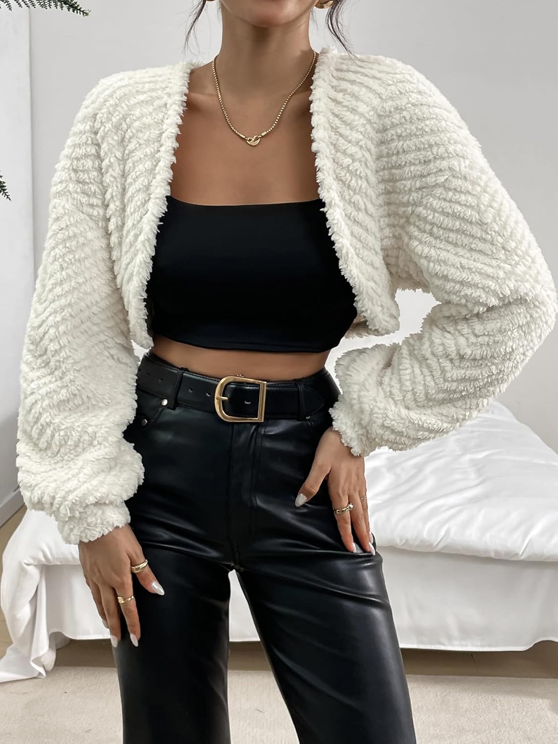 Verdusa Women's Fuzzy Crop Cardigan Long Sleeve Open Front Flannel Shrug Bolero - Image 3