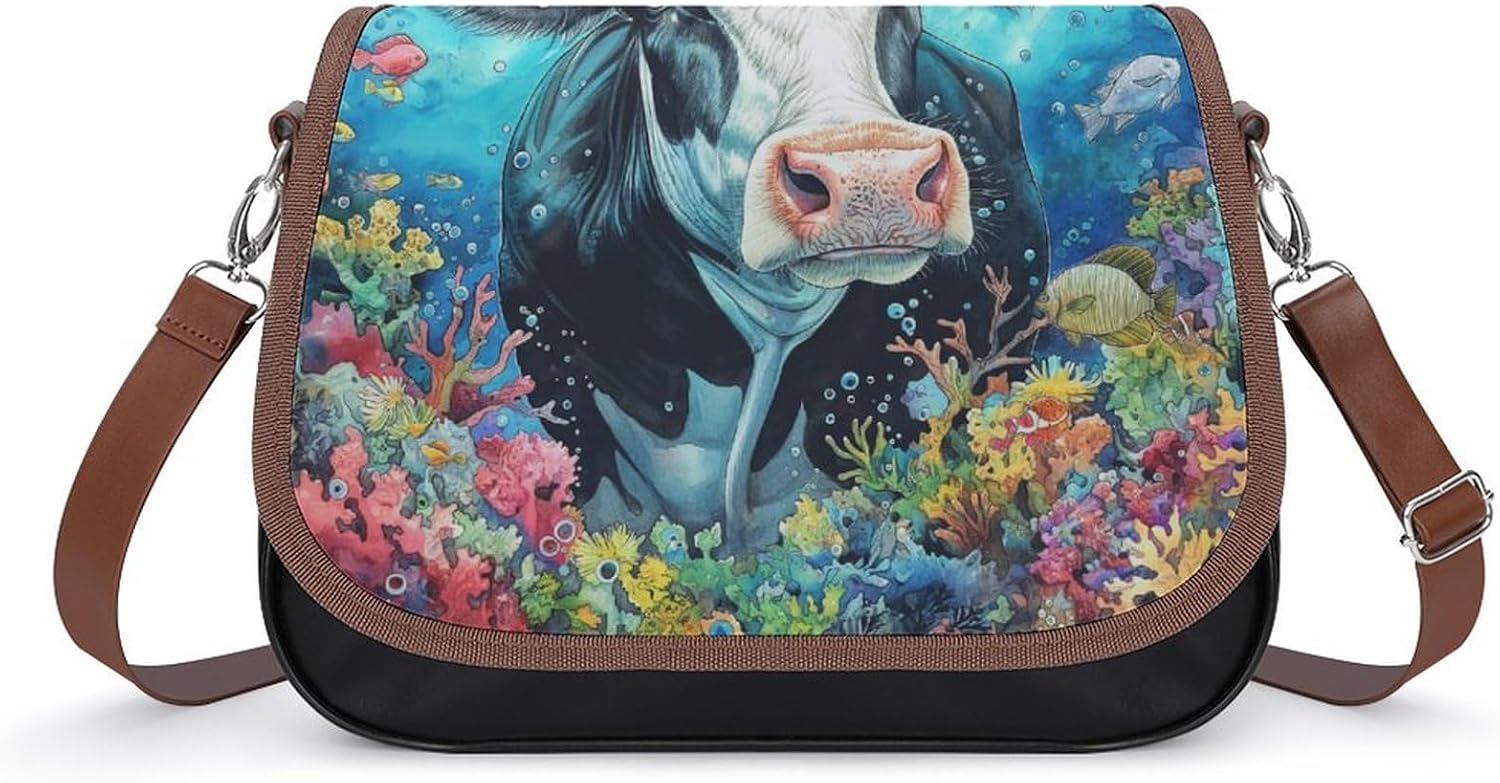 Women’s Handbag Animal Cow Underwater Landscape Satchel Bag Leather Crossbody Bag Waterproof Messenger Bag