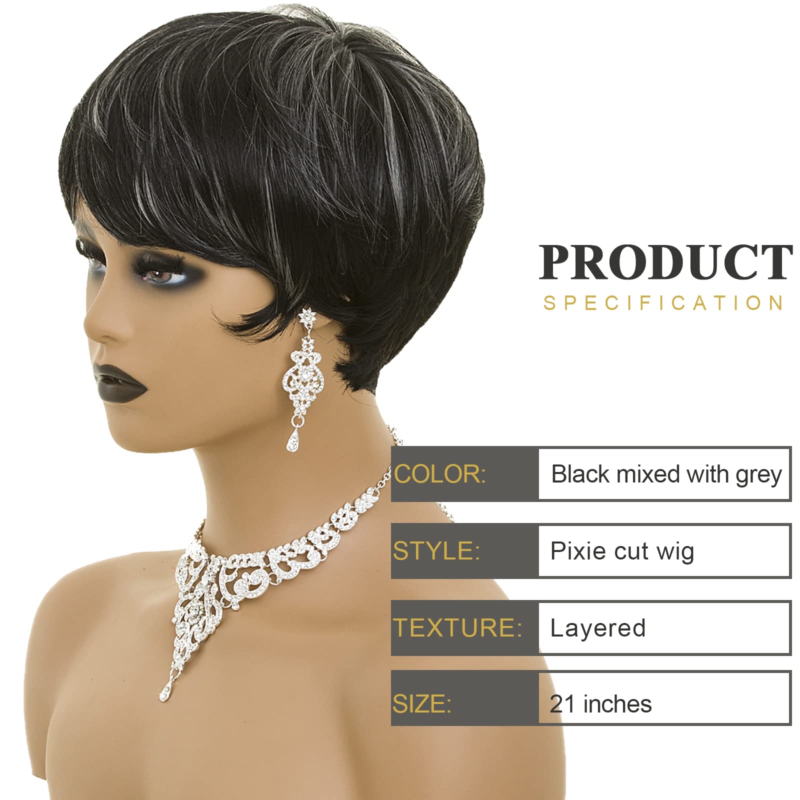 BOBCOO Pixie Cut Wig Short Wigs for Black Women Pixie Black Mixed With Grey Short cut Wigs Pixie Cut Wig for Black Women (Black Mixed With Grey)