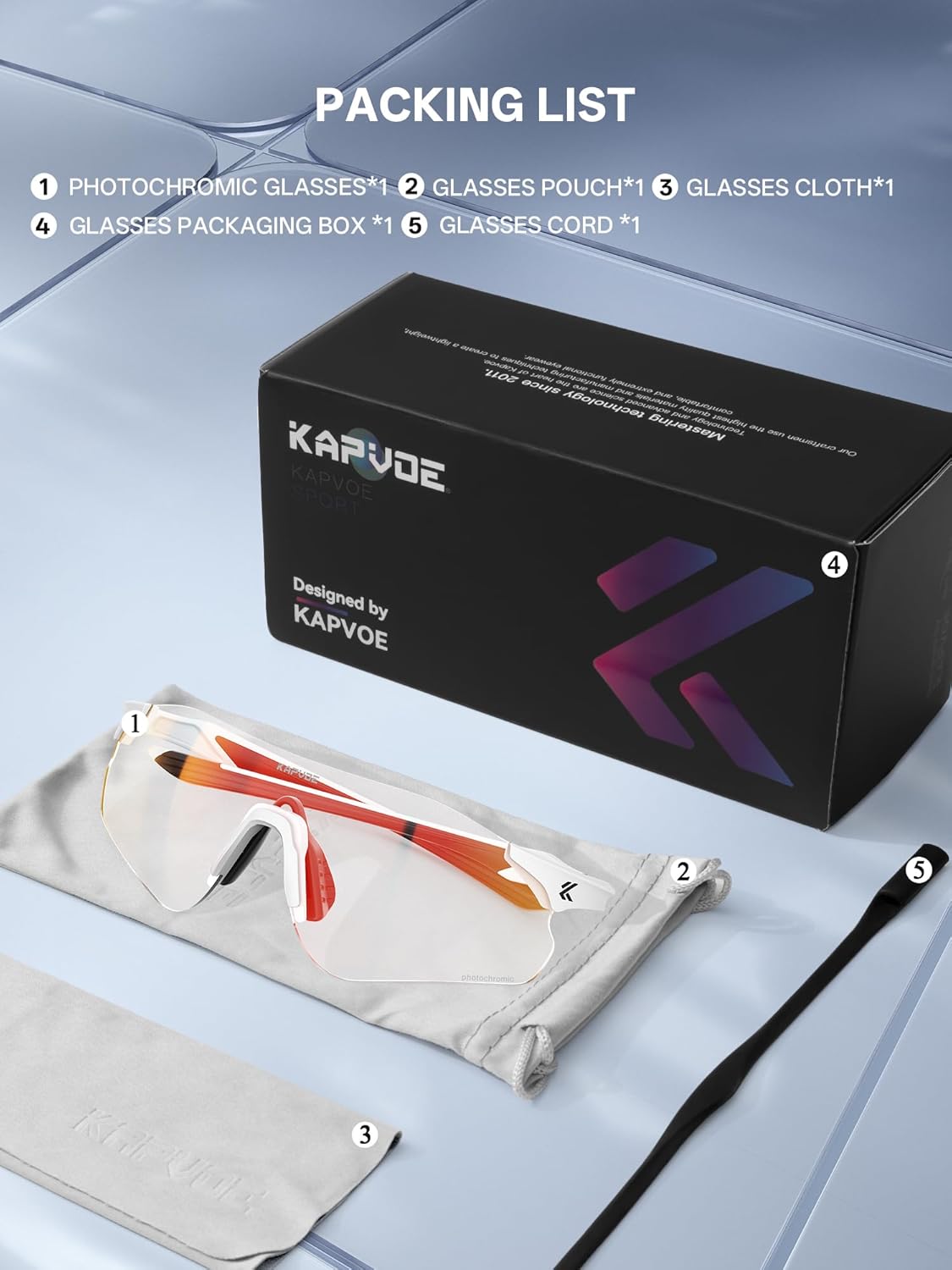 KAPVOE K108 Photochromic Running Sunglasses Clear Sports Glasses for Men Women UV400 TR90 Frame Mountain Bike Cycling Riding