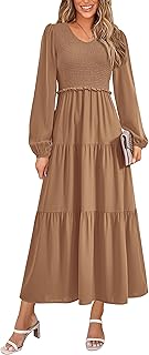 Fall Dresses for Women 2025 Casual Long Sleeve V Neck Smocked A Line Long Flowy Wedding Guest Dress