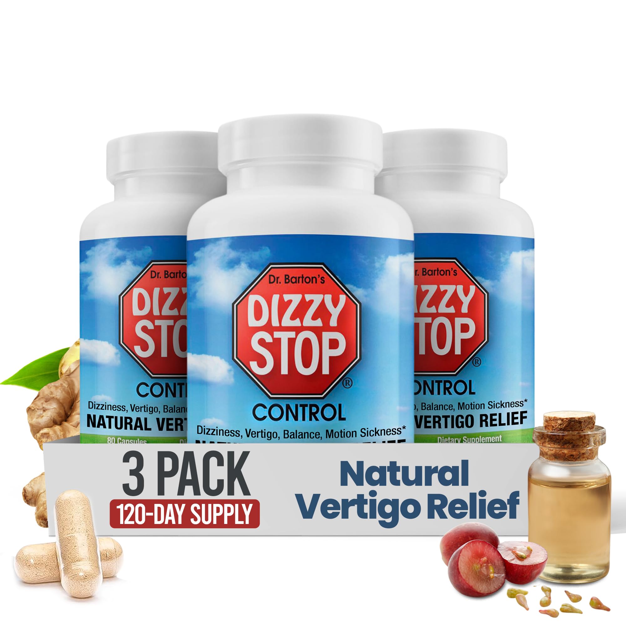 Dizzy Stop Dr. Barton's Vertigo Relief Products with Ginger and Grape Seed - Non-Drowsy Motion Sickness Pills for Dizziness Relief and Inner Ear Balance - 80 Count — Amazon image 9
