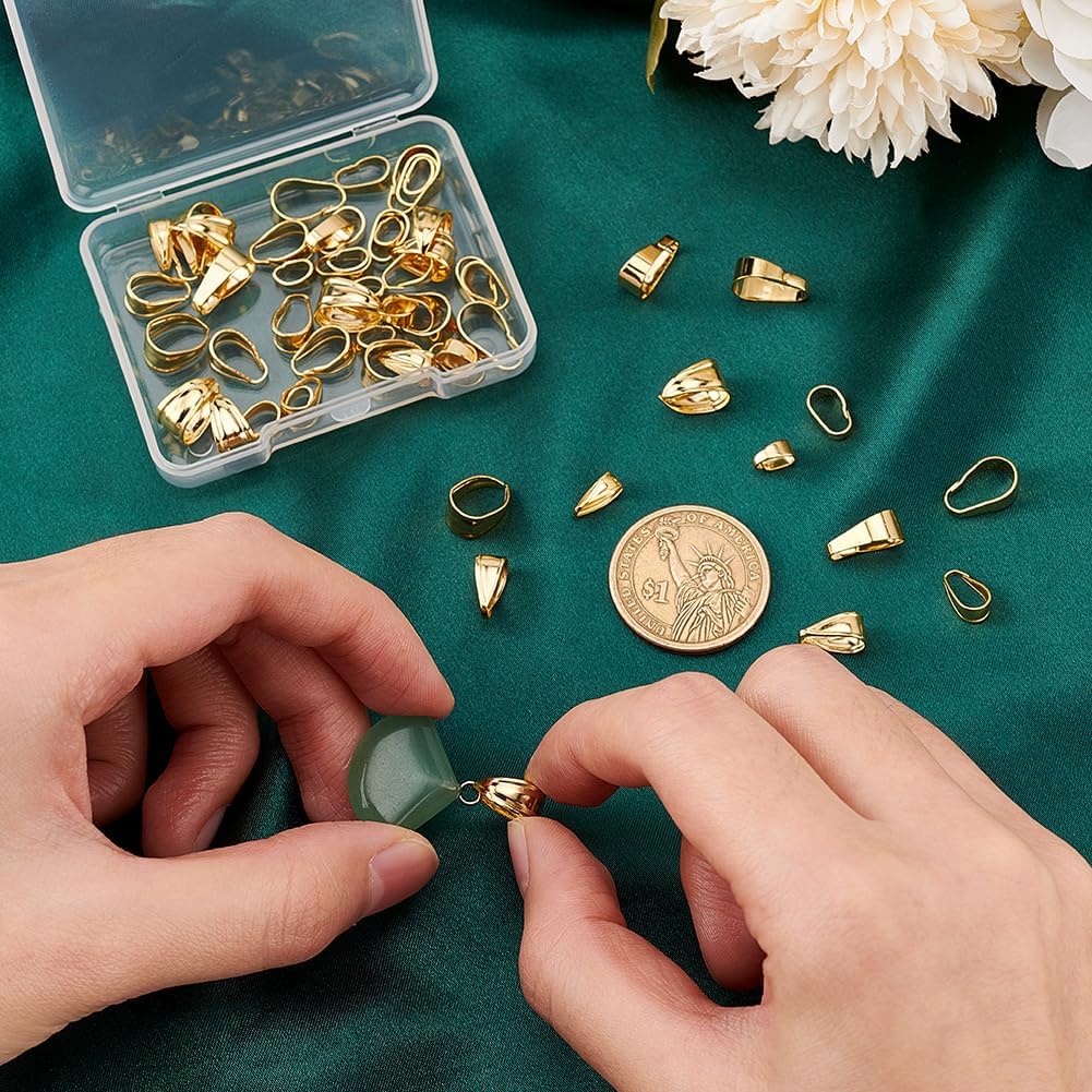 PH PandaHall 60pcs 24K Gold Plated Pendant Clasp Connectors, 6 Styles 7~10mm Golden Pinch Bails Brass Necklace Charm Clasp Jewelry Clasps Snap on Bails Pendant Bails for Jewelry DIY Craft Making - Image 6