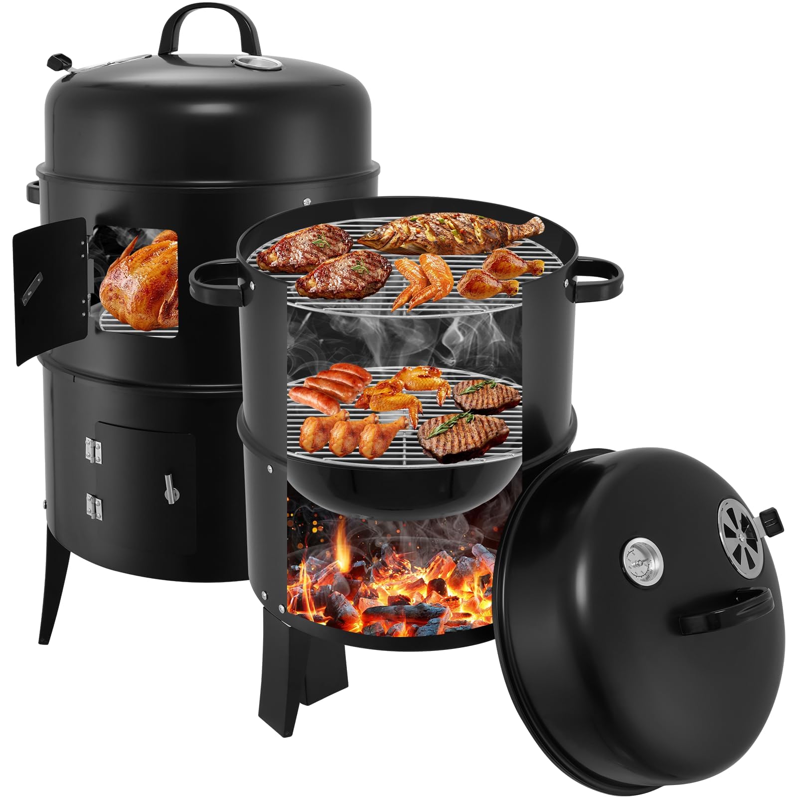 papasbox Charcoal BBQ Grill and Smoker 3 in 1 Round Meat Smoker with Grid and Built-in Thermometer Portable Barbeque Grill for Outdoor Cooking and Grilling Height 80cm