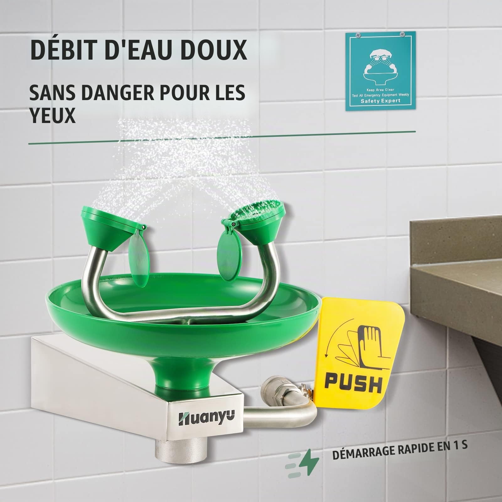Huanyu Station de lavage oculaire murale, Kit de lavage oculaire(1302-1) | avec signalisation, lavage oculaire d'urgence, Fonctionnement mains libres, pour usine, laboratoire, chantier de construction