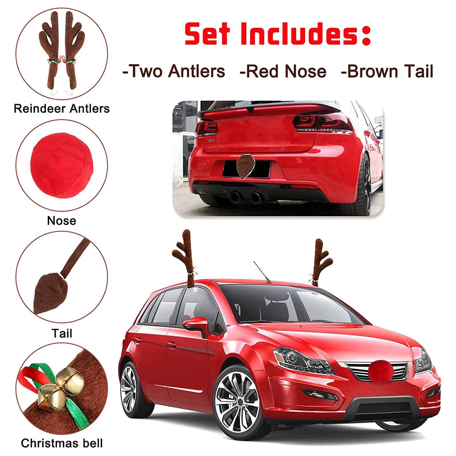 Voiture Noël Renne, kit Voiture Renne, kit Voiture Bois Noël avec Nez, Queue pour Voiture, Accessoires Vacances Camion