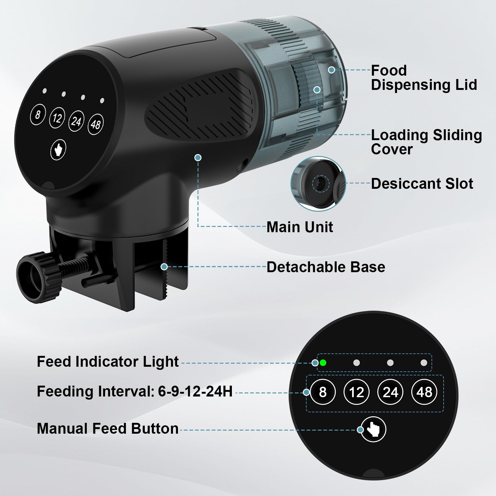 Distributeur automatique à piles pour poissons - Facile à utiliser - Avec 4 réglages de minuterie - Design résistant à l'humidité pour granulés et flocons - 200 ml - Idéal pour les poissons