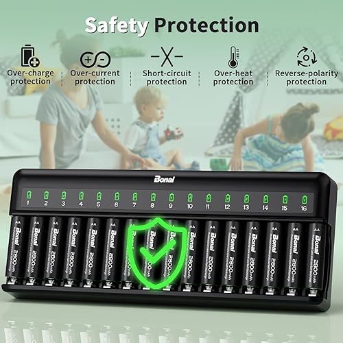 Miniatura 7 de Bonai Baterías AA recargables con cargador, 2800 mAh de alta capacidad precargadas, baja autodescarga, a prueba de fugas, doble A (paquete de 16) y