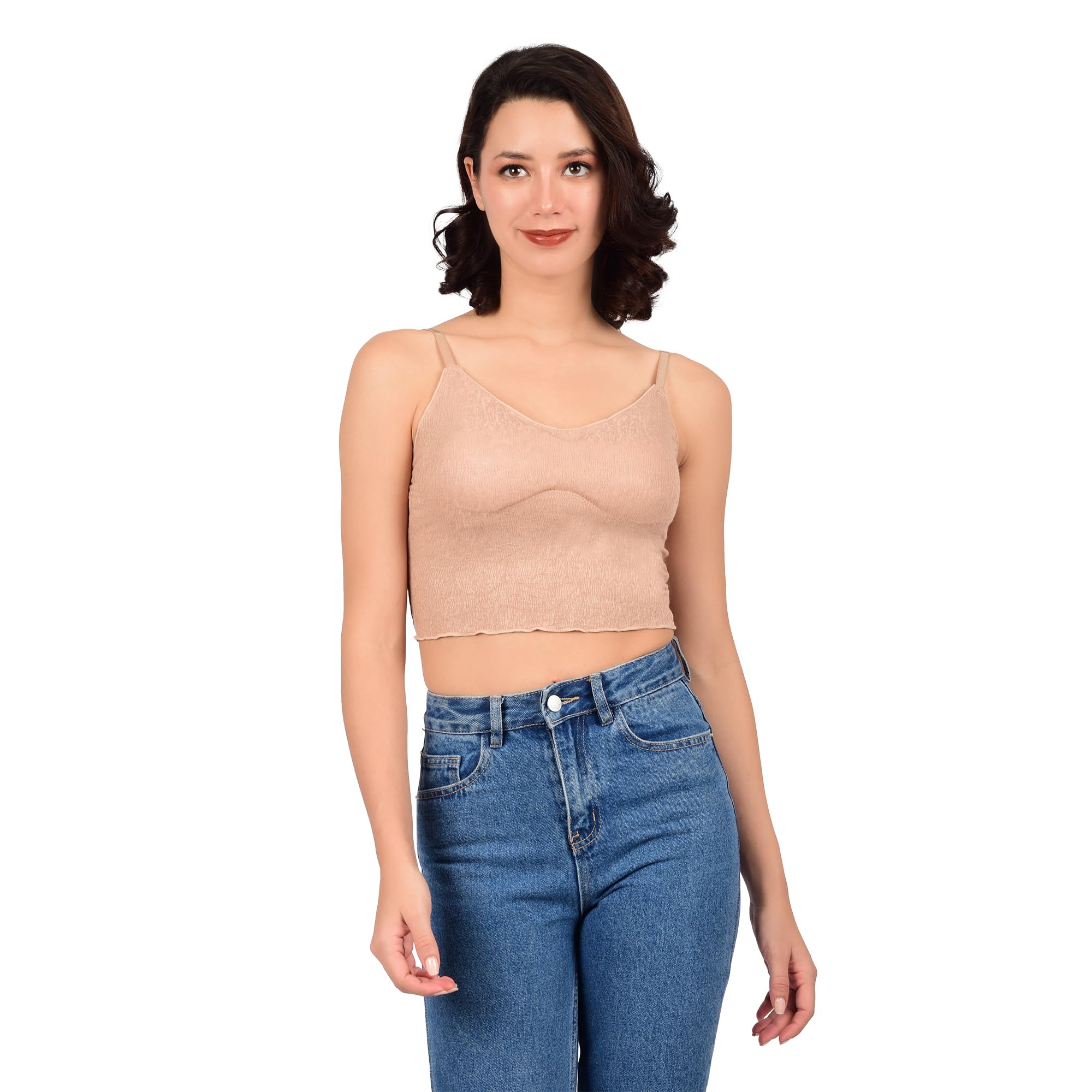 bare dezire Women's Stylish Cotton Crepe Solid Pattern Lightly Padded Wireless Halter Tank Top for Women I Casual Sleeveless Longline Wirefree Full Coverage Cami Top - Beige (Size - M) 4
