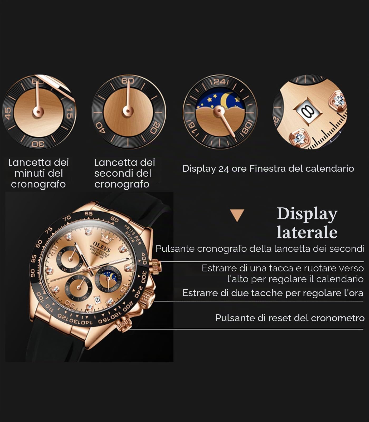 OLEVS Orologi da uomo al quarzo impermeabile cronografo analogico multifunzione fase lunare silicone diamante luminoso orologio da polso, nero argento, cronografo, digitale, Oro rosa, Cronografo