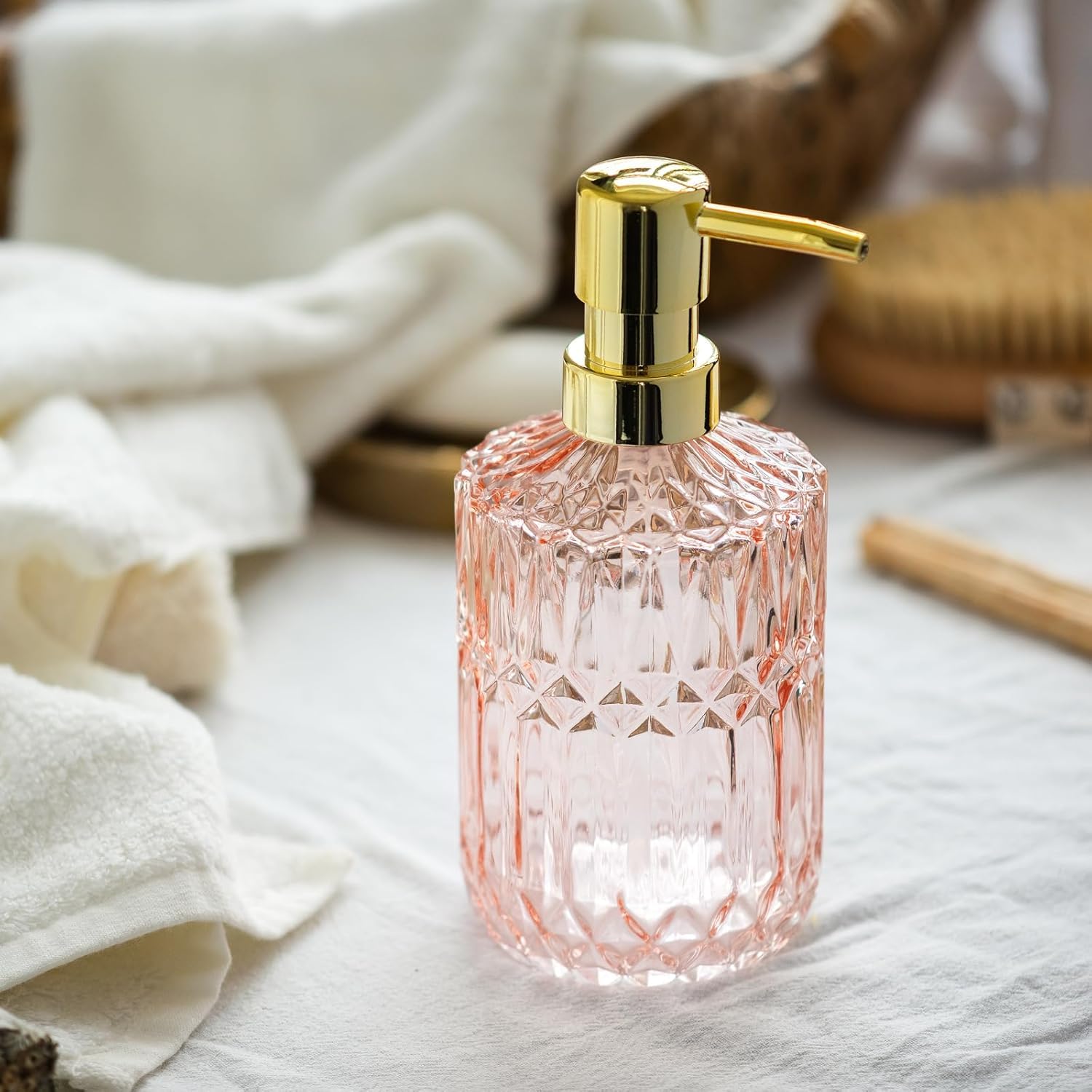EMPO Dispensador de jabón de vidrio transparente con bomba de plástico ABS, dispensadores de loción para cocina, baño (2 unidades, rosa claro)