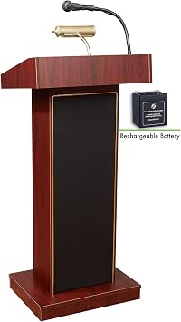 Oklahoma Sound M800X-MY The Orator Mobile Lectern with Rechargeable Battery, Mahogany, 40 Watts Power, Four 6" Full Range Speakers, Flexible Gooseneck Arm and Digital Time Piece, 12"x4" Shelf