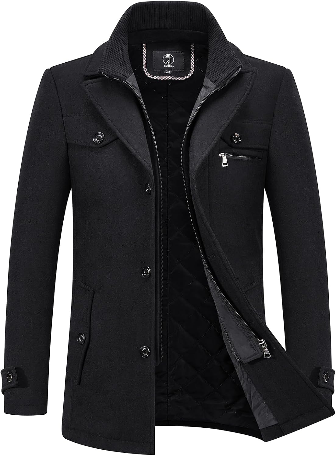 KUDORO Men's Wool Blend Trench Coat Slim Fit Overcoat with Detachable Stand Collar Single Breasted Classic Dress Coat