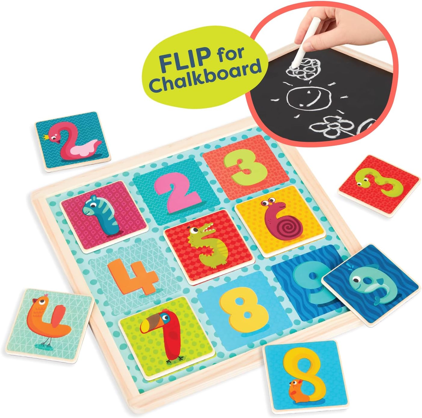 B. toys Count n' Doodle Magnetic Number Puzzle Wooden 2-in-1 Board, Numbers | Double-sided wooden puzzle with 9 magnetic number pieces and chalkboard drawing side for counting, matching, and, 2+ Years