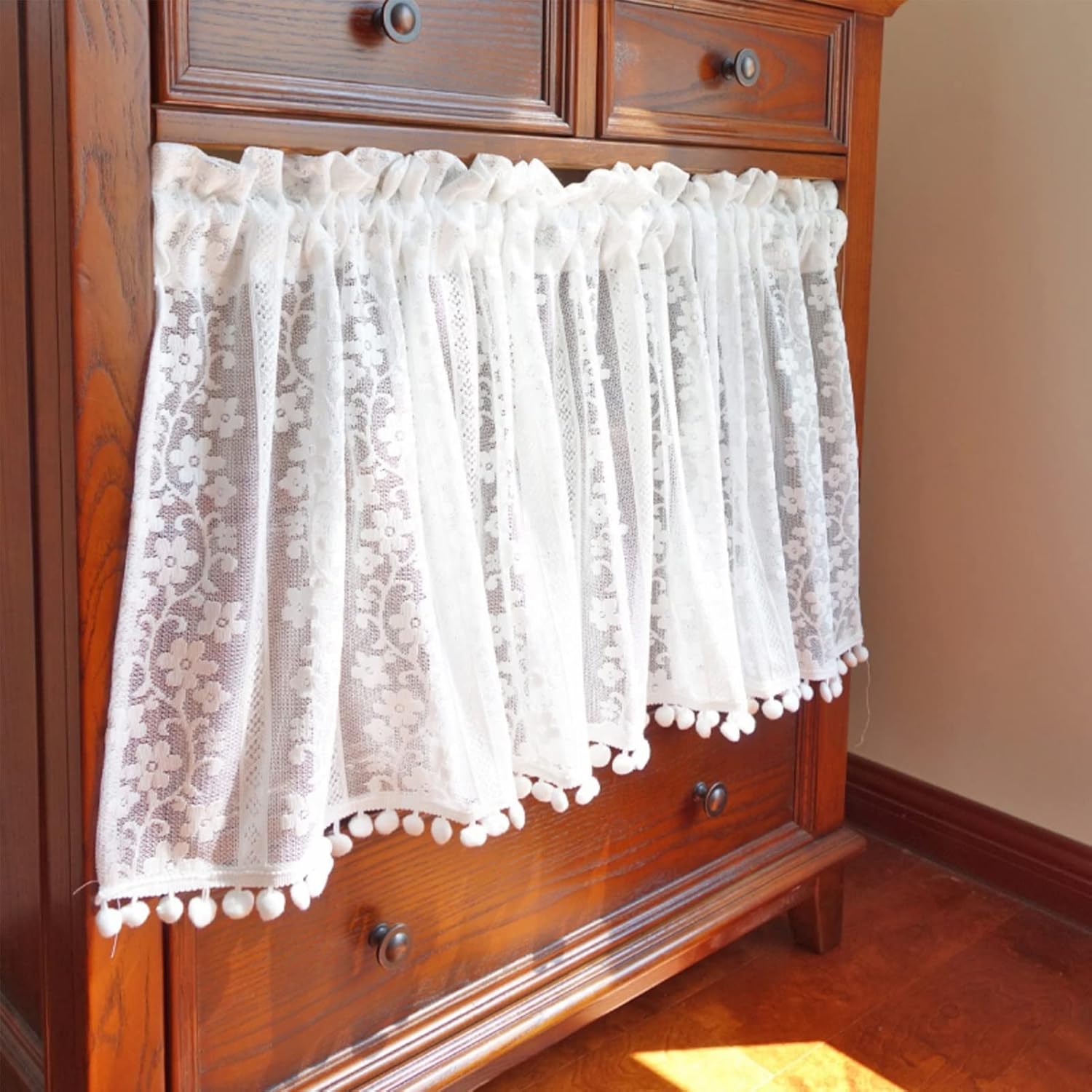 White Lace Kitchen Curtain Valance, Semi Sheer Tier Curtains, Rustic Floral Embroidery Sheer Cafe Curtain Panels for Living Room Bathroom Windows (Size : W150xH80cm/59x31.4in)