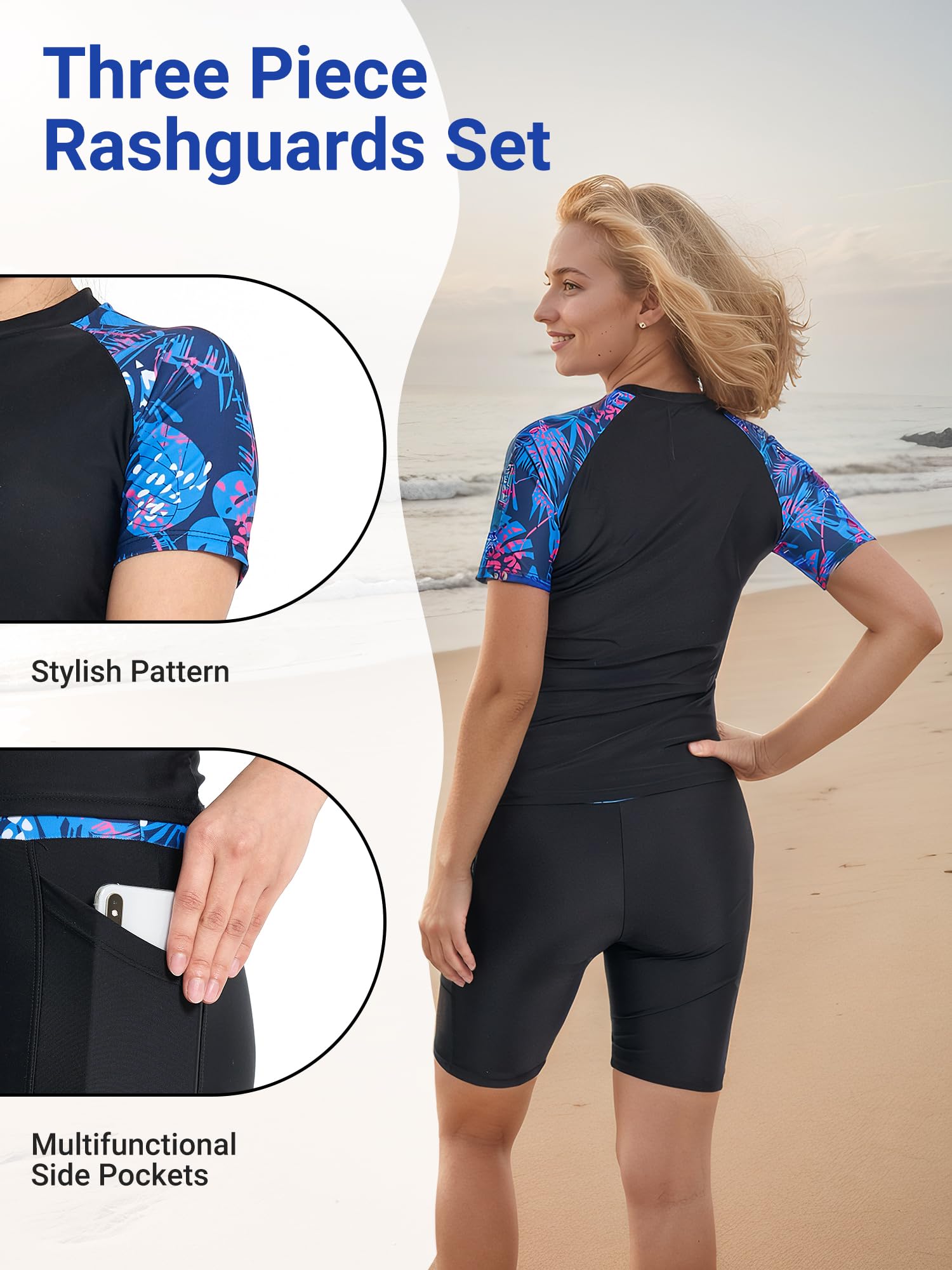 Owntop Maillot de bain 3 pièces Rashguard UPF50+ UV pour femme | Rashguard à manches courtes, haut de bikini et short taille haute | maillots de bain modestes | natation surf
