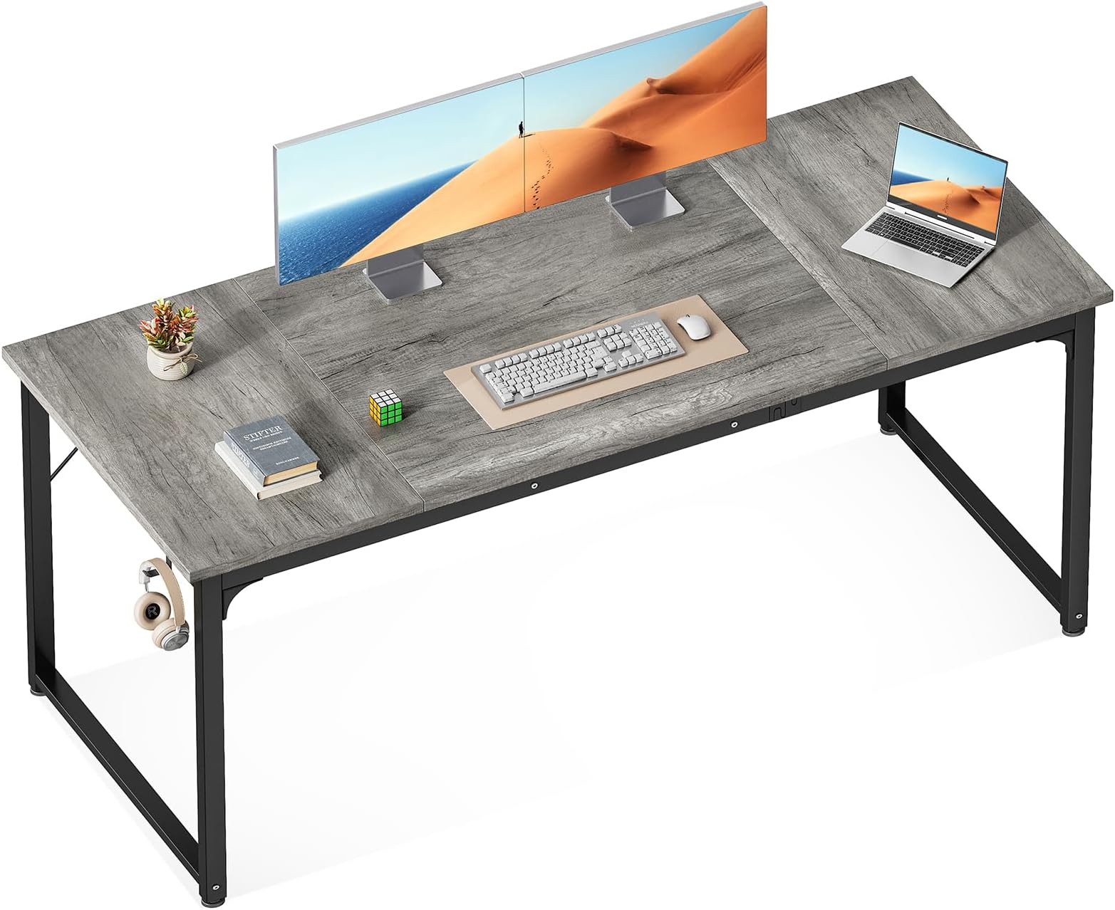 ODK 63 Inches Large Computer Desk for Home Office, Modern Desk for Small Spaces, Writing Desk with Headphone Hooks, Grey Oak