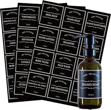 36 PCS Printed Label Stickers for Bottles, Prefdo Waterproof Retro Farmhouse Labels for Bathroom, Kitchen, Hand Soap, Shampoo, Conditioner, Lotion Dispenser Bottles ContainersBlack