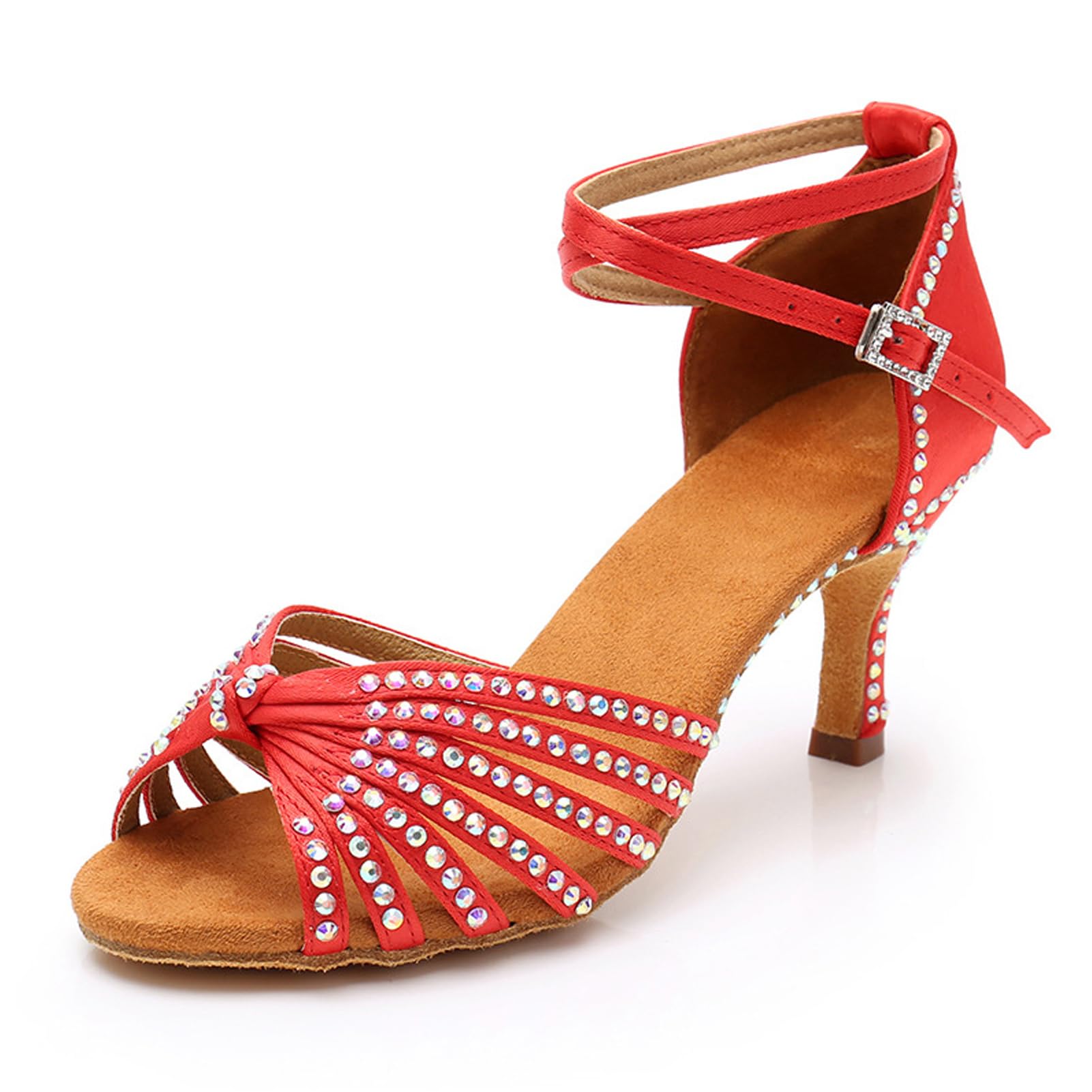 Nowe buty do tańca latynoskiego z diamentową wkładką dla kobiet dorosłych na środkowym obcasie miękka podeszwa buty do tańca wysokie obcasy z diamentowymi butami do tańca Cha-cha, A436 czerwony obcas