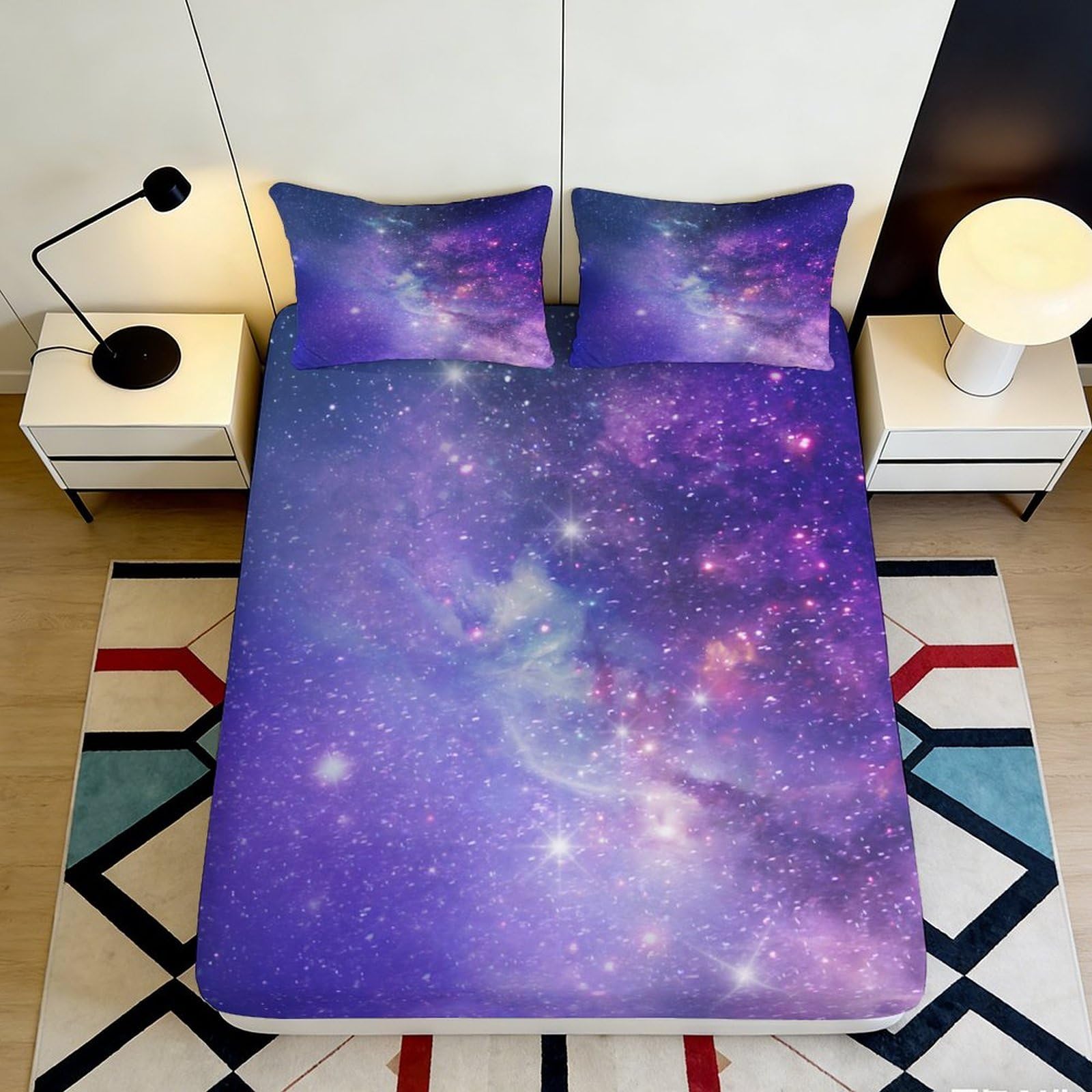 3D Printed Galaxy Starry Sky Fitted Sheet Microfiber Purple Cosmic Nebula Mattress Cover Bedroom Decor 120x200x25cm
