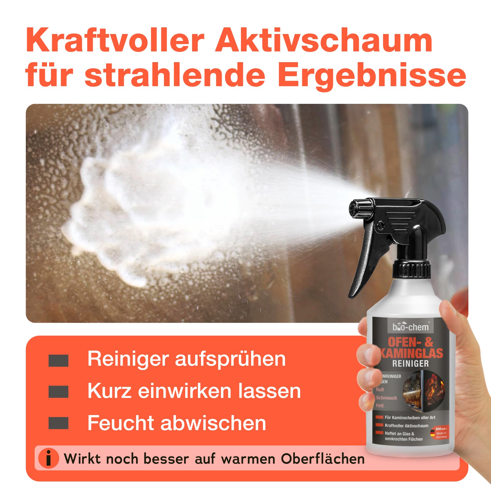 bio-chem Kaminscheibenreiniger Aktivschaum 500ml | Kaminglasreiniger gegen Ruß, Fette, Öle und Rauchharz auf Ofen- und Kaminscheiben