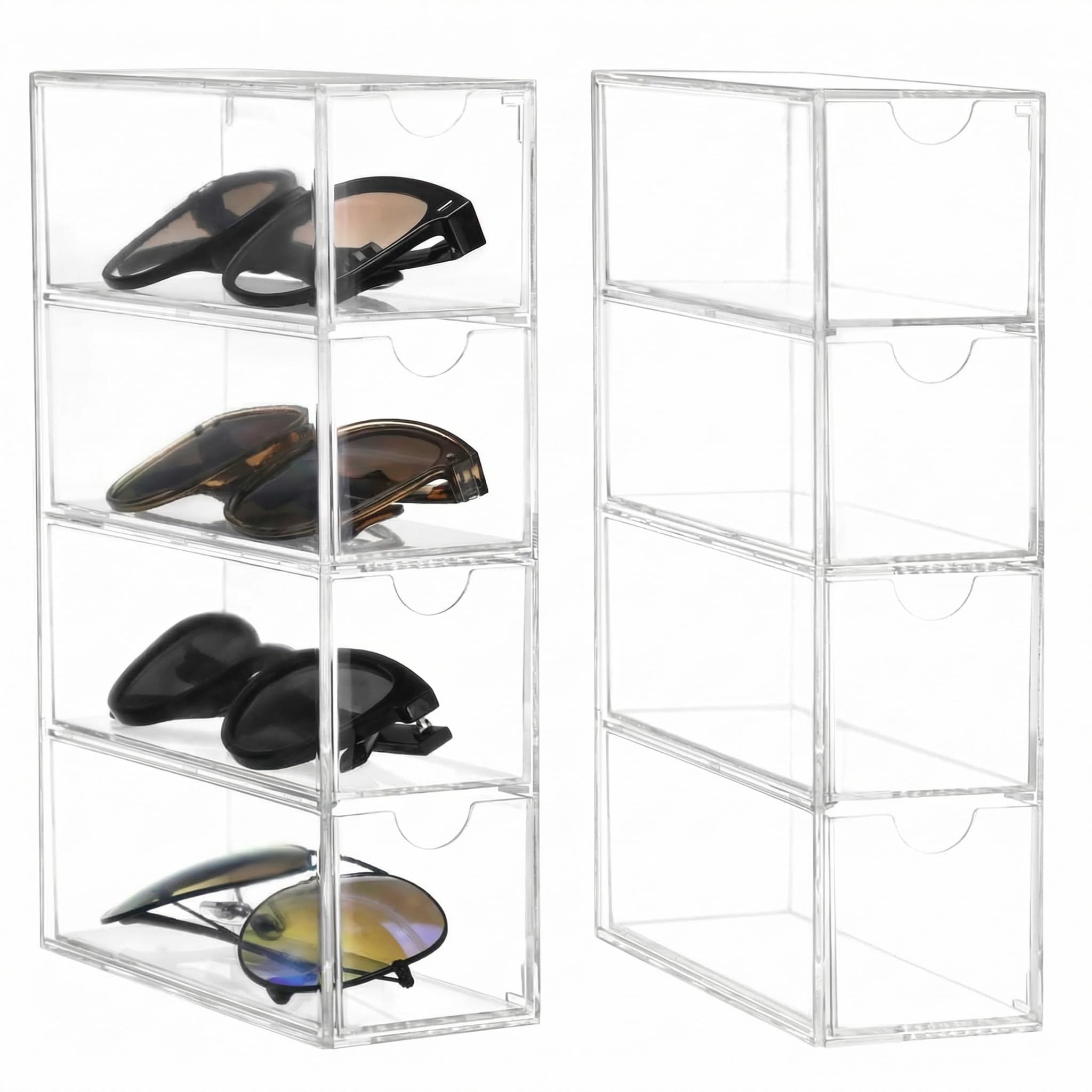 QWORK® 2 Pack Clear Acrylic Sunglasses Organizer - 17.5x24.6x6.5 cm - Stackable Storage Drawer for Eyewear, Jewelry, Makeup