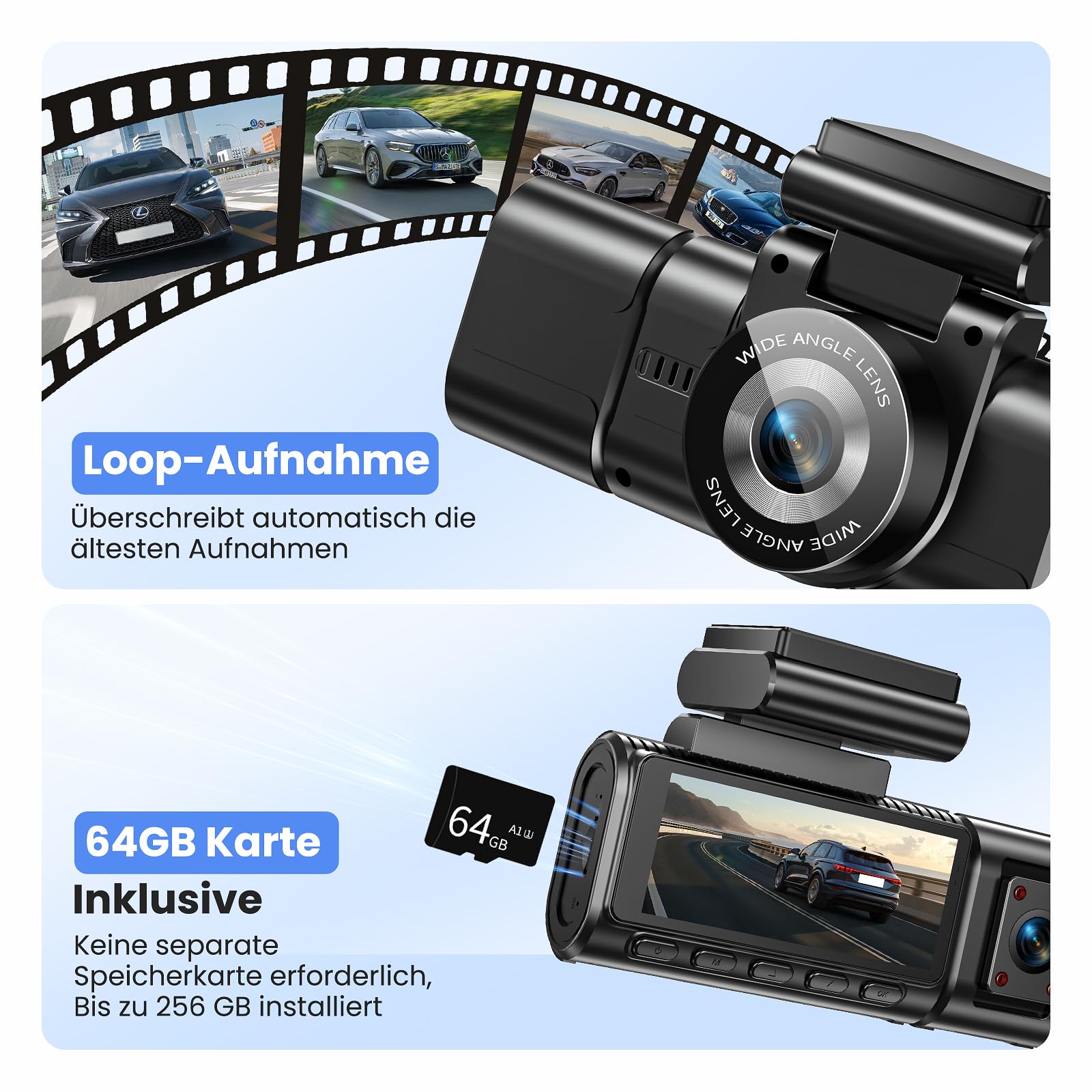 Dashcam Auto Vorne Hinten 4K+1080P mit GPS WiFi,3 Channel 1080P Dash Cam Auto Kamera 3,16" IPS Bildschirm,Kostenlose 64 GB Karte,Nachtsicht,G Sensor,Loop-Aufnahme,200°Weitwinkel WDR,Parküberwachung