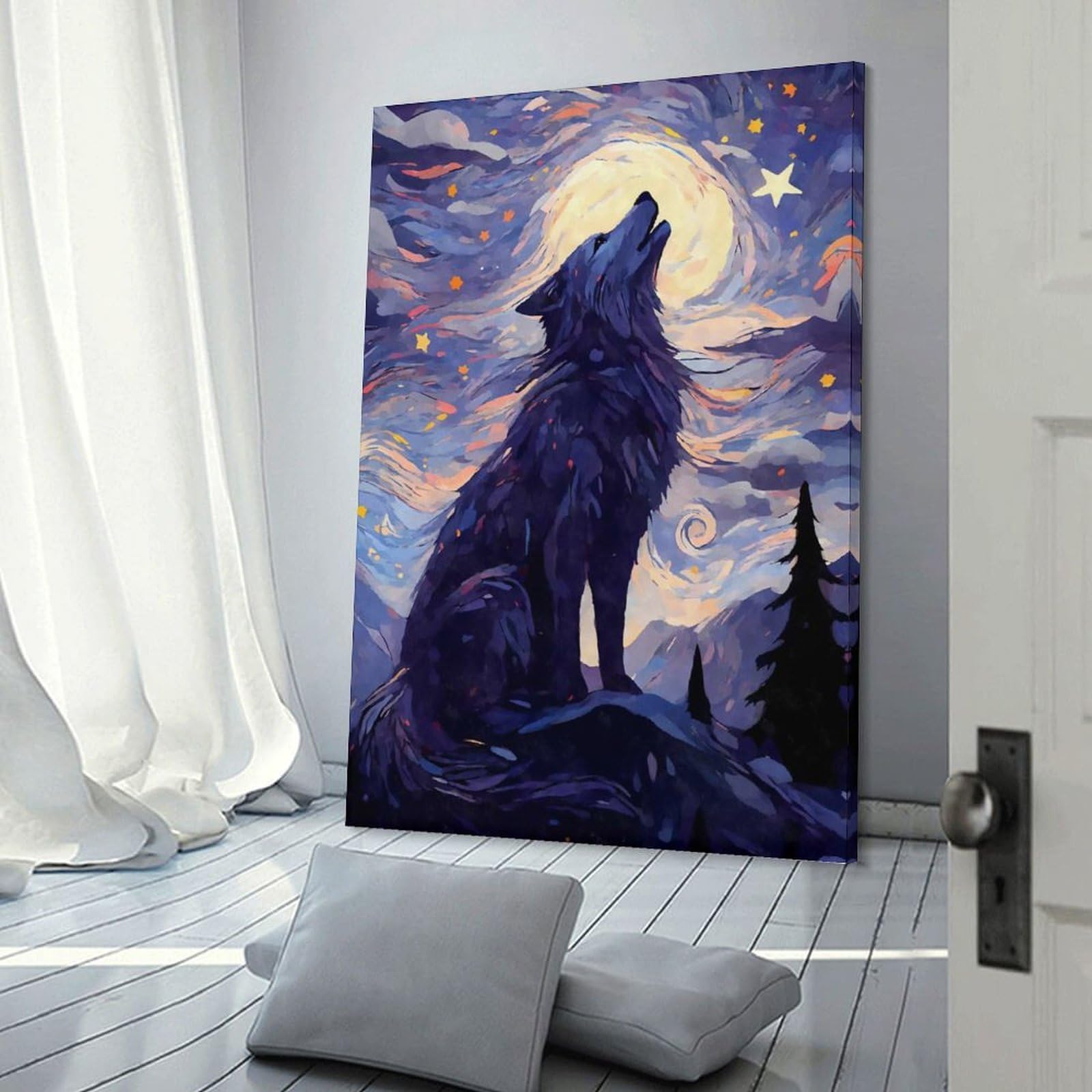 Junmoney Frame-Style-1 Wall Picture Print Howling Wolf Starry Night, 08X12inch(20X30cm), For Entrance Walls, Hall Decor Or Foyers, Home Artwork For First Impressions