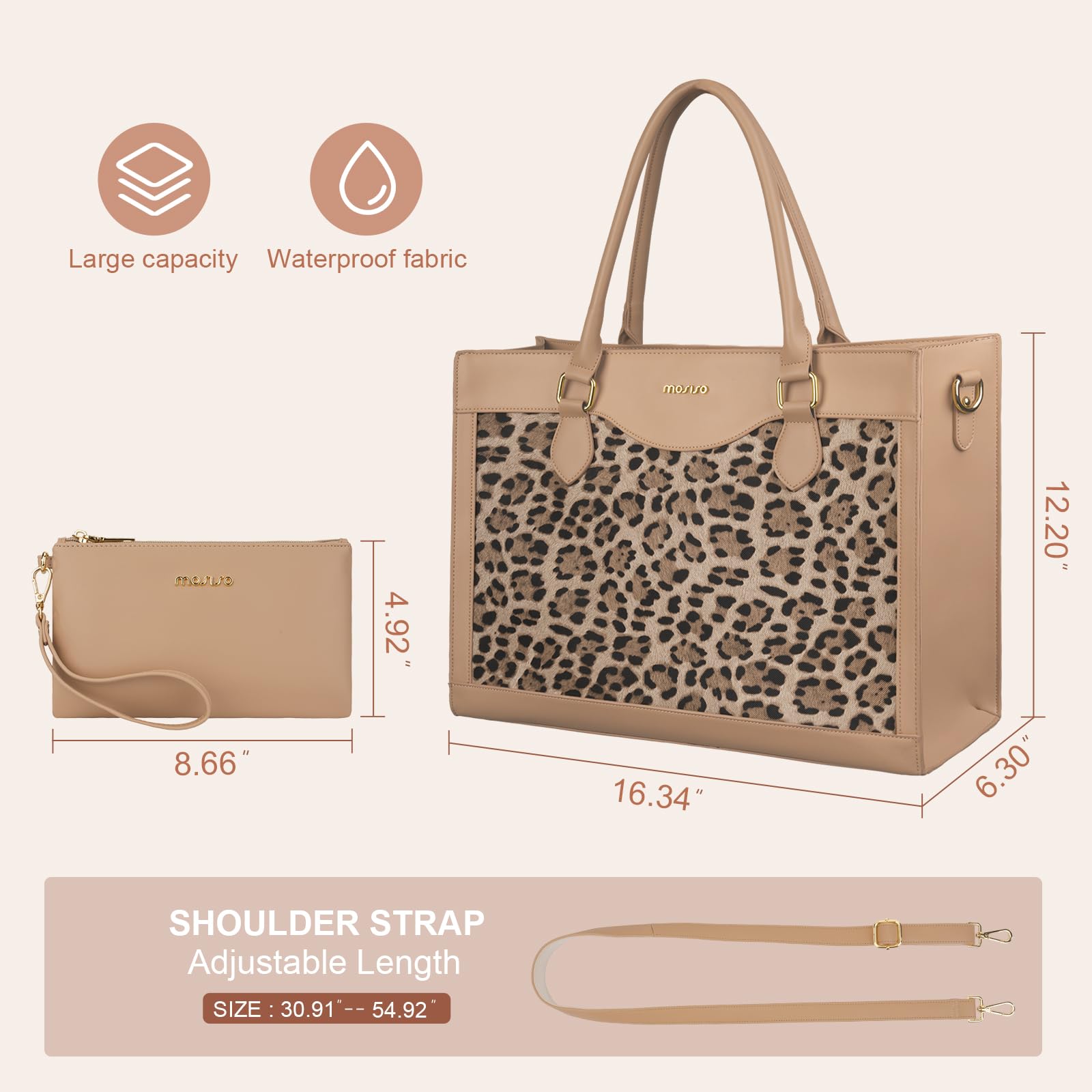 MOSISO Bolsa Portátil con Gran Capacidad, 15,6 Pulgadas Cuero PU Grano Leopardo Bolsa Laptop para Mujeres&Bolso Embrague, Impermeable Computer Maletín Trabajo para Oficina Negocios,Albaricoque