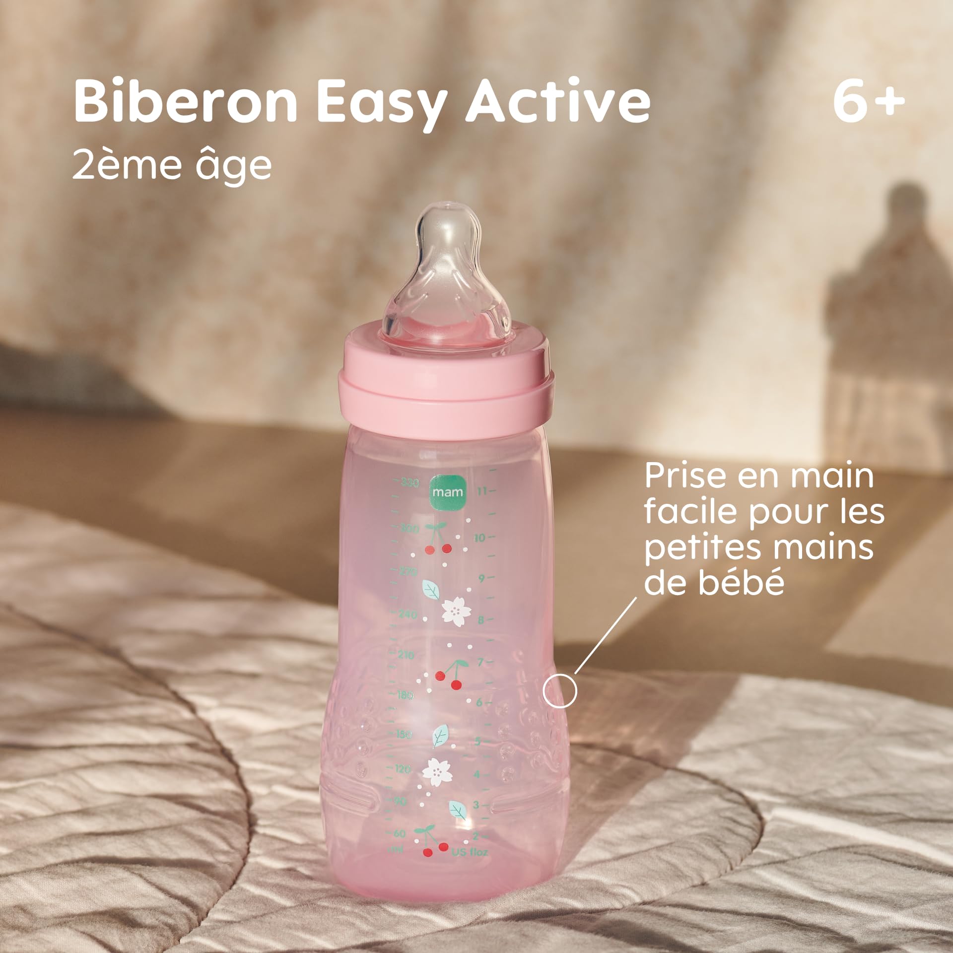 MAM Easy Active 6 mois et plus Couleur Baies (330 ml) – avec tétine en silicone débit X vitesse ultra-rapide – pour bébé avec fermeture hermétique