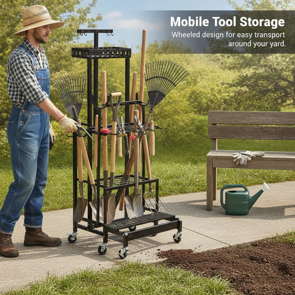 Rack Rangement pour Outils Jardin, Avec roues