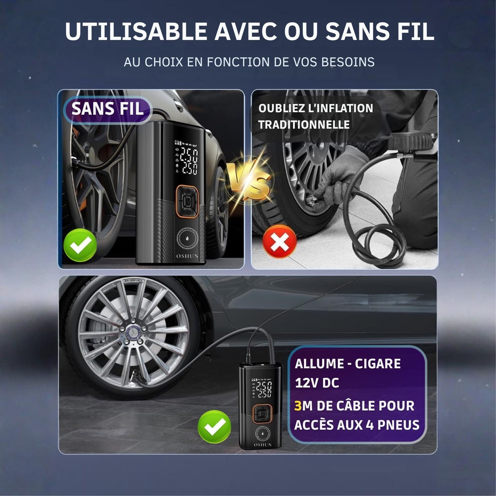 OSHUN Gonfleur Pneus Voiture sans Fil Mini Compresseur à Air Portatif 150 PSI (10,3 Bar) Inflation Rapide Gonfleur Electrique Puissance 100W Cylindre 19 mm Affiche 2 Valeur avec 3M Allume-Cigare 12V