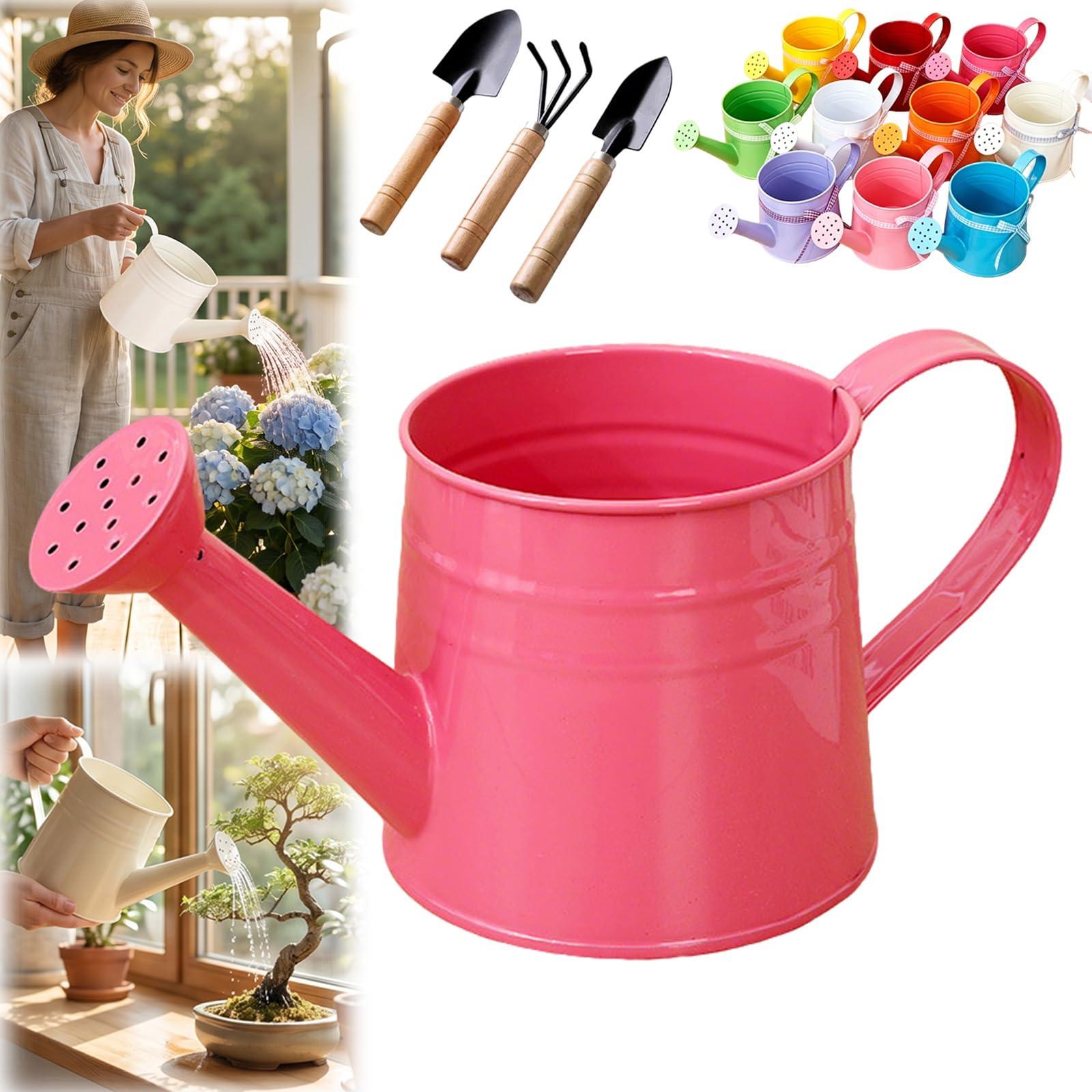 White Watering Can Metal, 1L Vintage Galvanized Sprinkler Can, Rustproof & Leak-Resistant, Ideal for Indoor & Outdoor Plants, Lawn, Garden – Durable Gardening Tool for Home & Office (Rose Red) — image 1