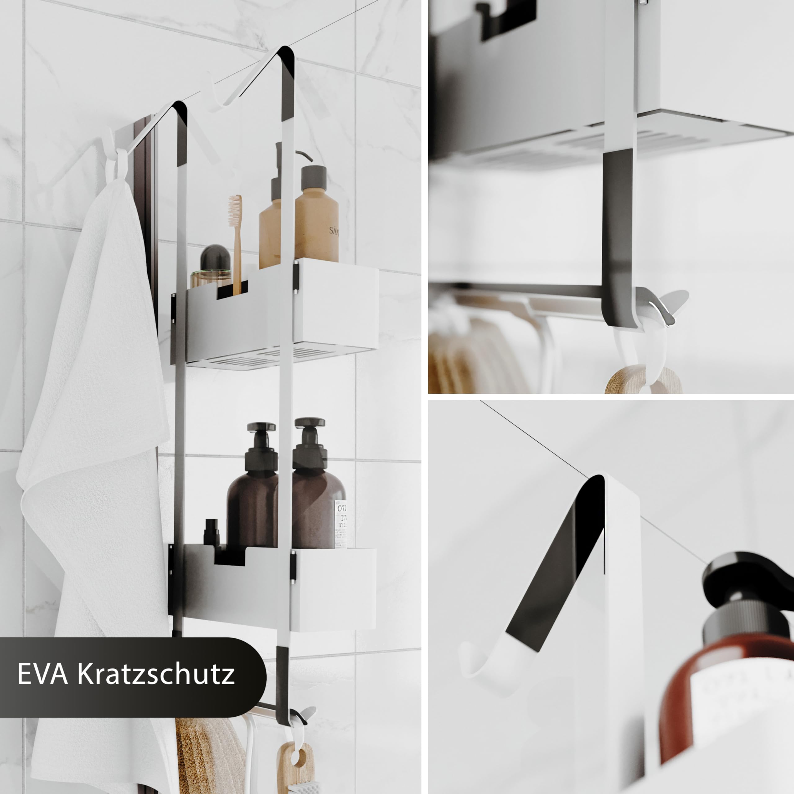 Dolvhin® Doucherek om op te hangen | Gepatenteerd doucherek zonder boren | RVS badkamerrek shampoohouder | Douchemandje hangend | Organizer voor ophangen | Doucherek hangend | Mat wit