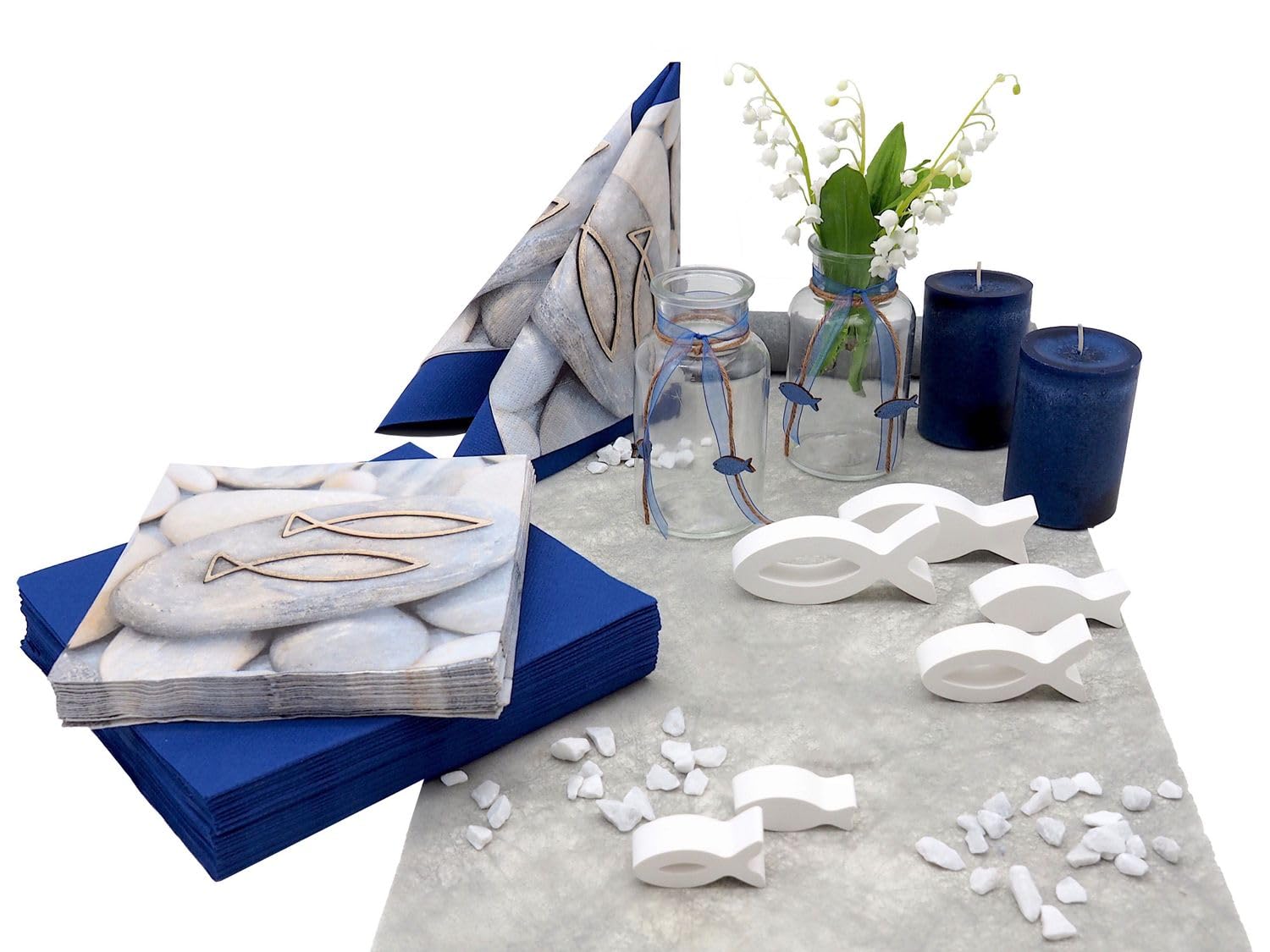 ZauberDeko Tischdeko Kommunion Konfirmation Blau Grau Weiß Fisch Set 20 Personen David