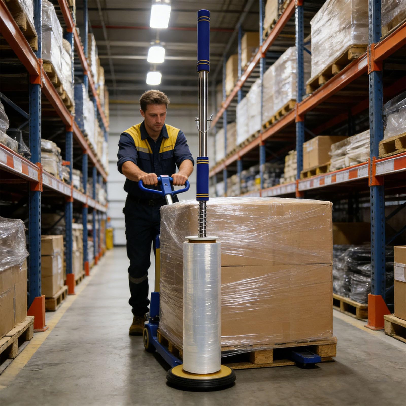 Langstiel Stretchfolie Spender, Stretchfolie Verpackungsmaschine | Verstellbare Länge, für Rollen von 15-50 cm Breite, Rollen 3,8, 5, 7,6 cm für Lager, Logistik, Versandverpackung in Fabriken